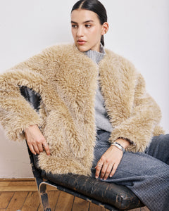 Manteau Femme en Fausse Fourrure à Poils Longs Beige Vivette