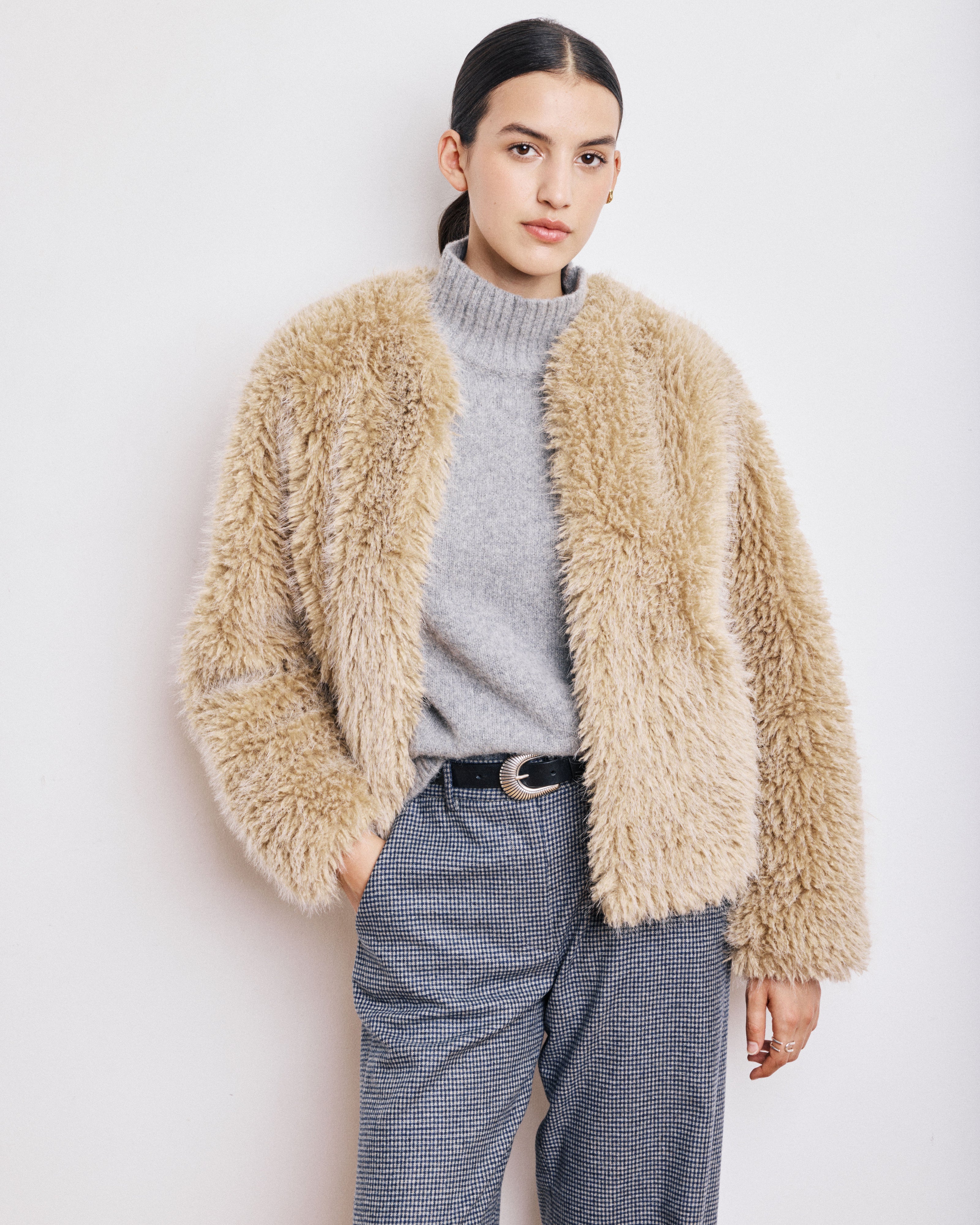 Manteau Femme en Fausse Fourrure à Poils Longs Beige Vivette