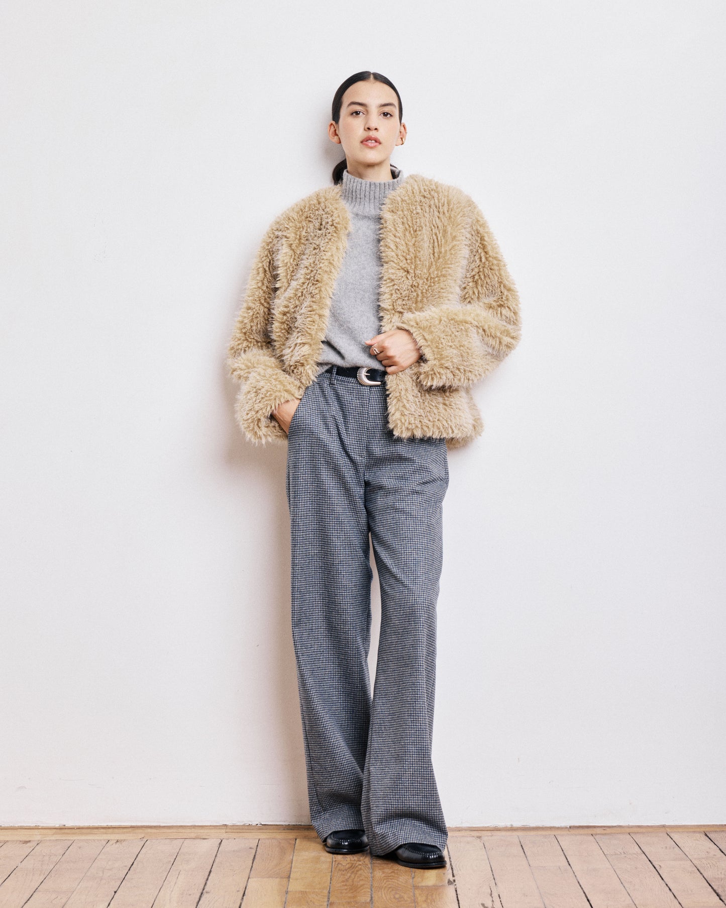Manteau Femme en Fausse Fourrure à Poils Longs Beige Vivette