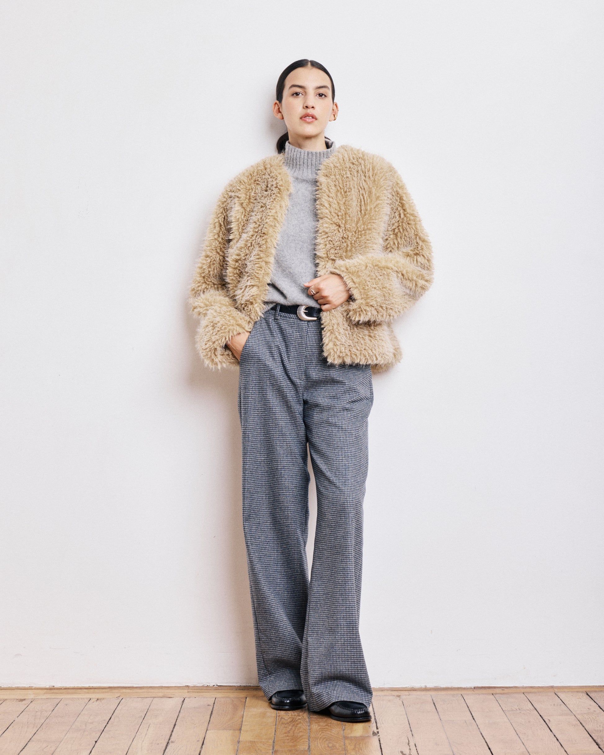 Manteau Femme en Fausse Fourrure à Poils Longs Beige Vivette