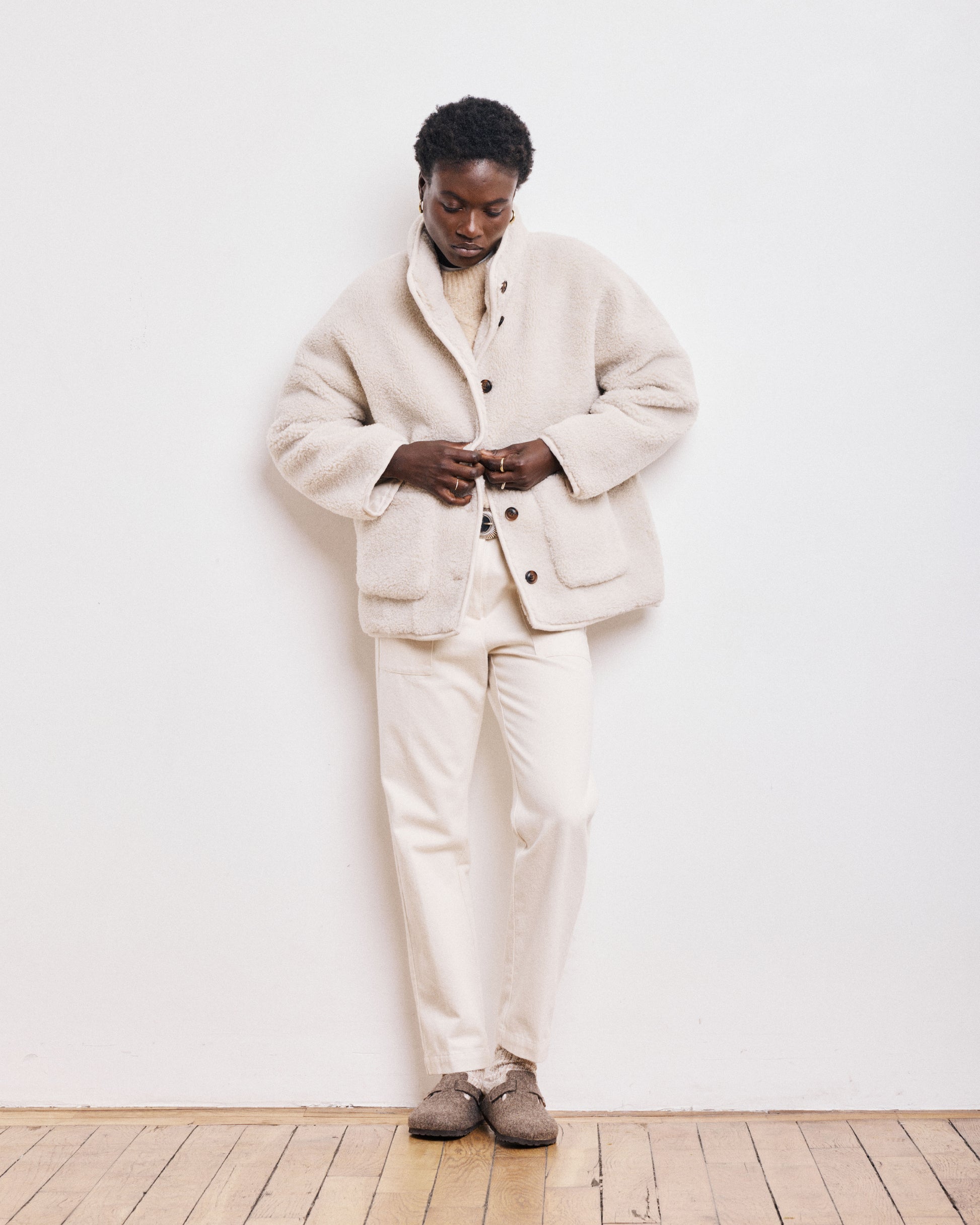 Manteau Femme en Fausse Fourrure Bouclée Ecru Vanille
