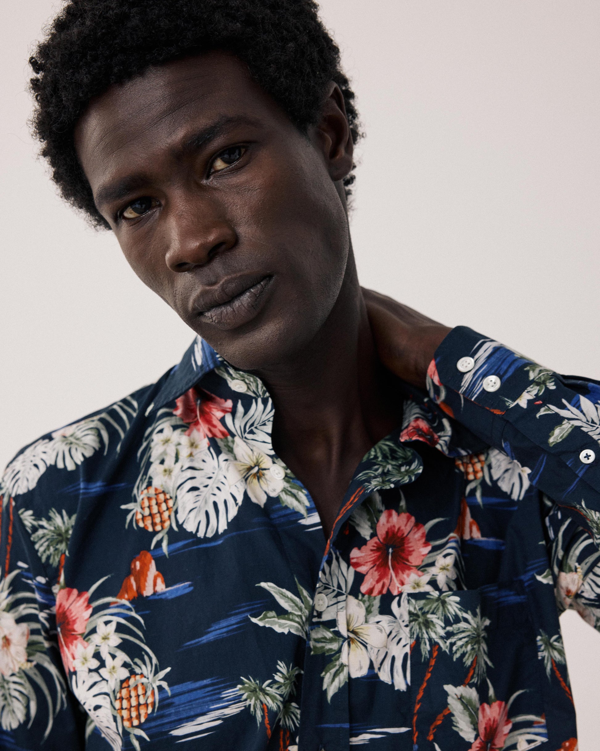 Men's Navy Blue Tropical Print Cotton Shirt Paul BF11032-01