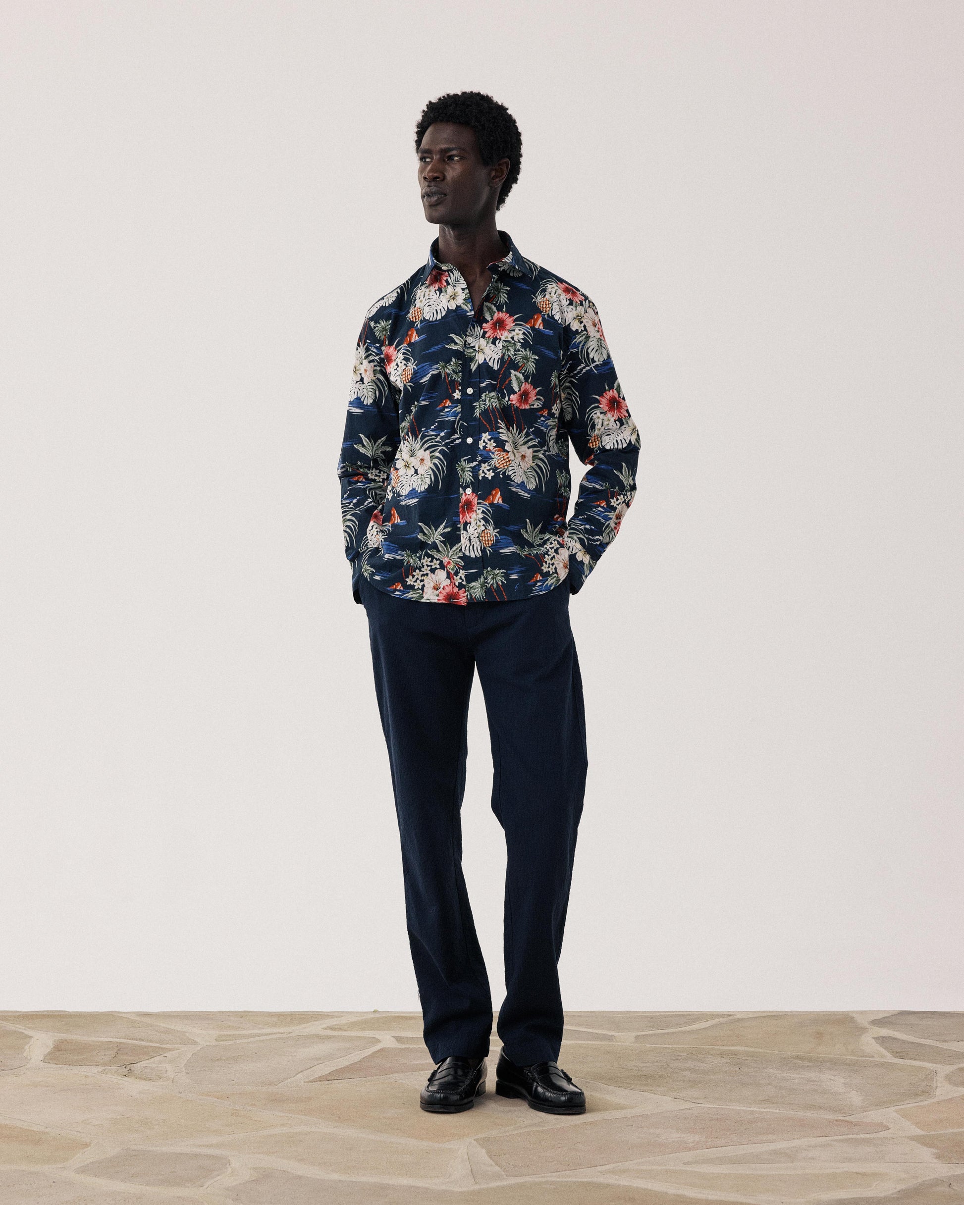 Men's Navy Blue Tropical Print Cotton Shirt Paul BF11032-01