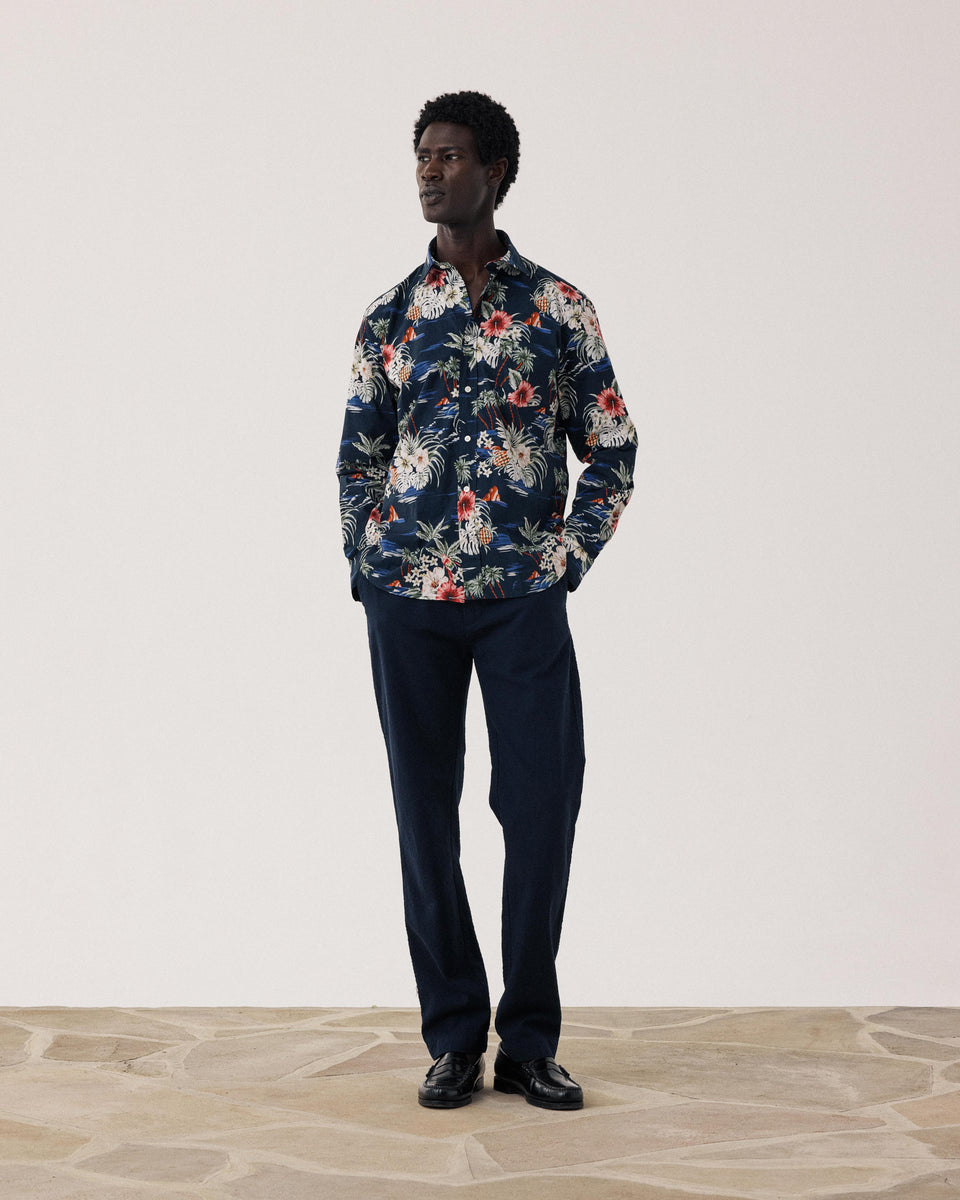 Paul Men's Navy Blue Tropical Print Cotton Shirt - Image alternative