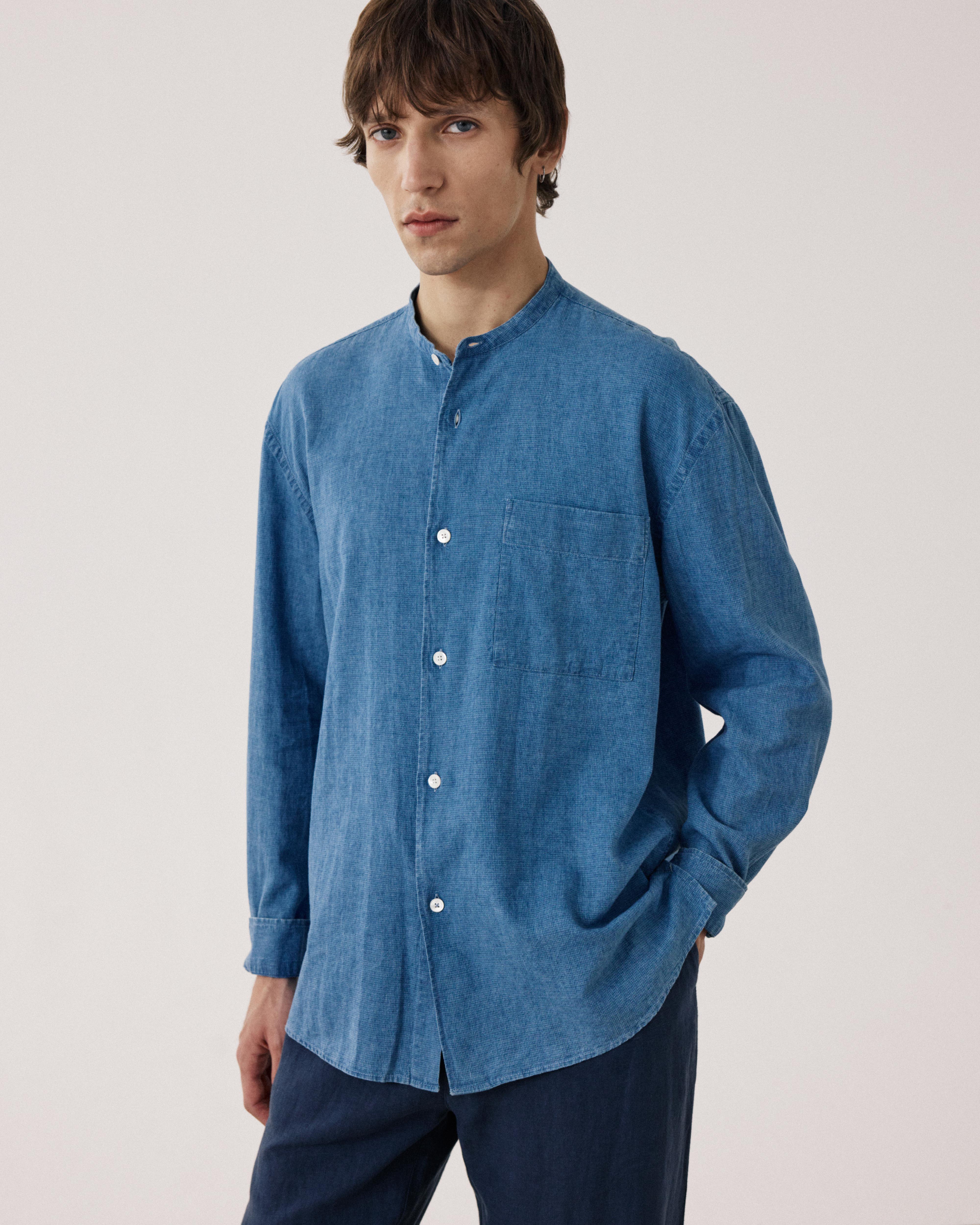 トップス Errico Formicola Blue linen shirt Fisher Men's Indigo Blue Linen & Cotton Shirt BF13025-04 - Men's