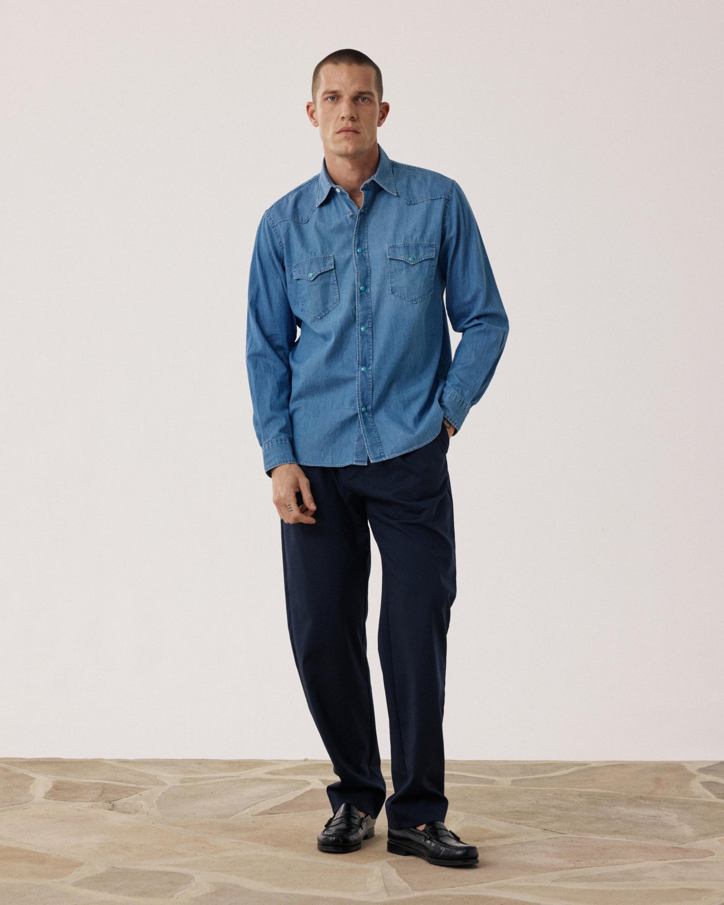 Phoenix BF24024-02 Men's Lightweight Denim Shirt in Indigo Blue