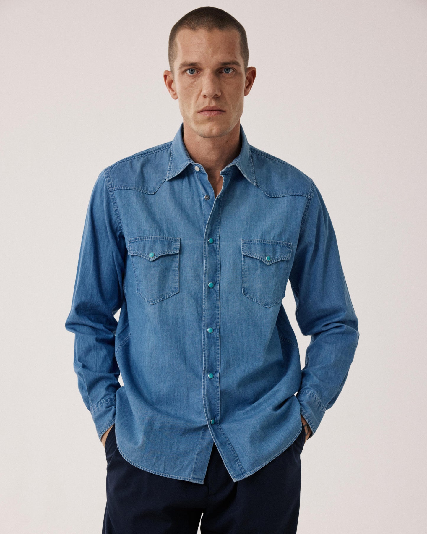 Phoenix BF24024-02 Men's Lightweight Denim Shirt in Indigo Blue