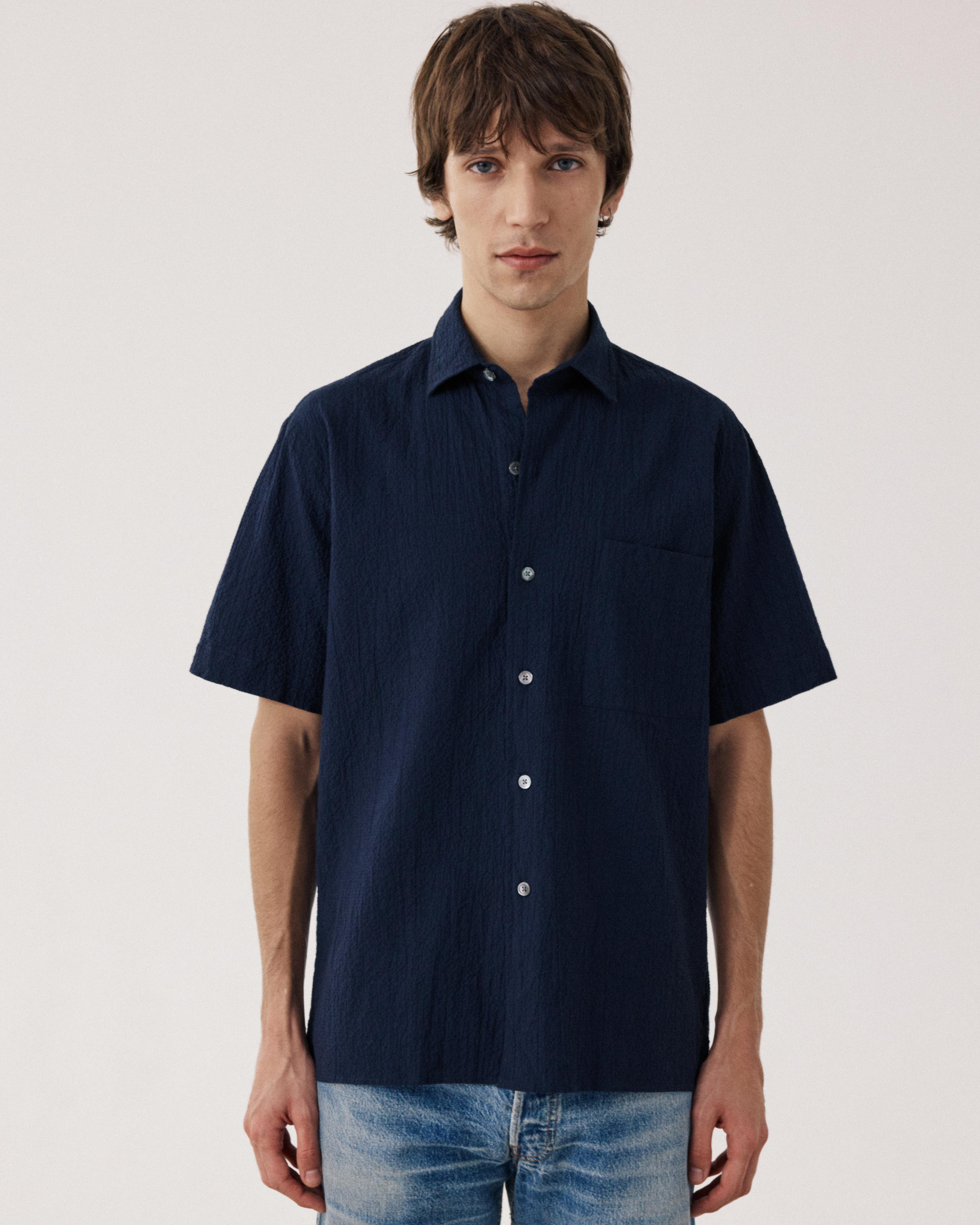 Pedro Men's Navy Blue Seersucker Shirt BF26010-01 - Men's Shirt