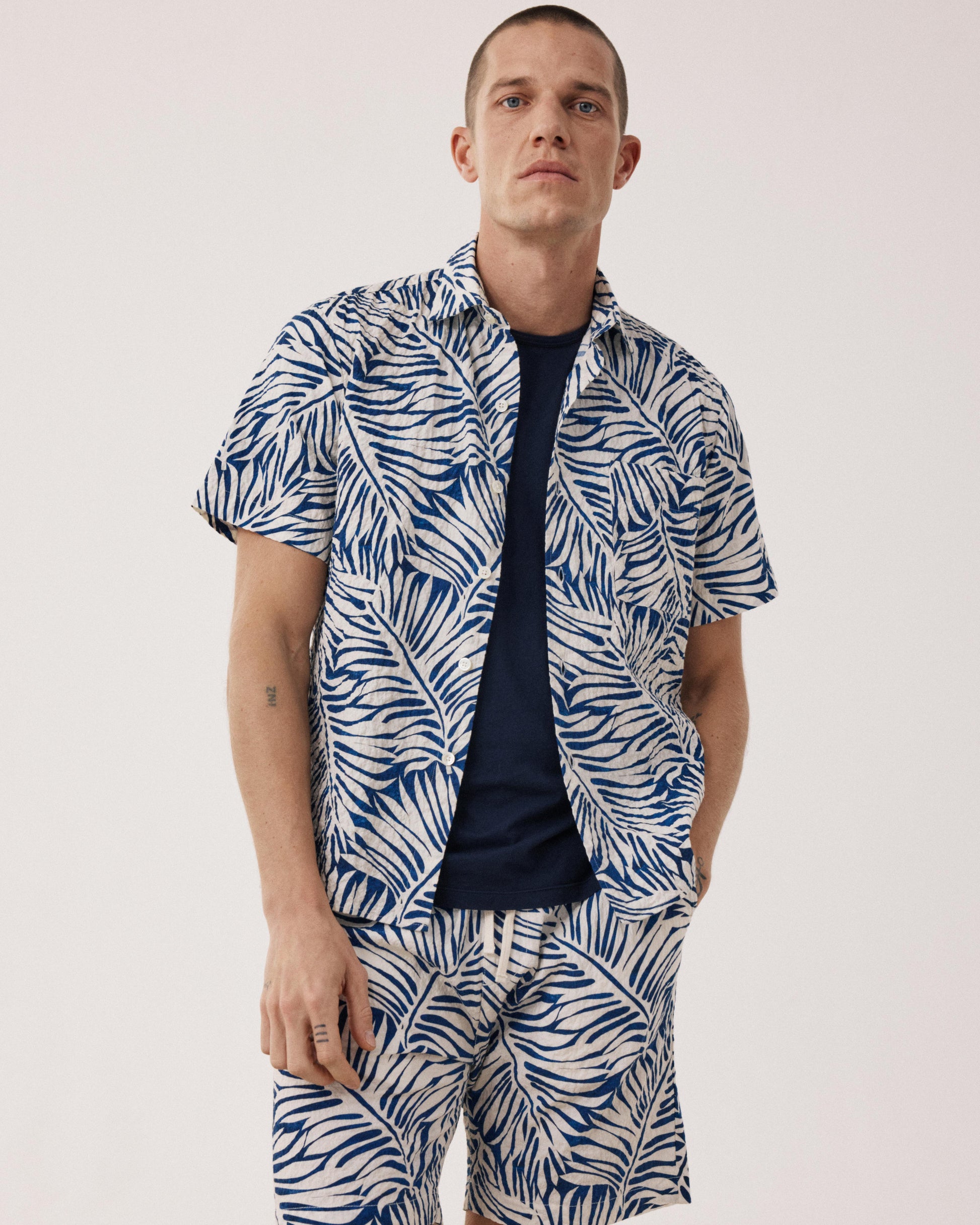Pedro Men's Blue Palms Print Cotton Shirt | Hartford | size : S Pedro Men's Blue Palms Print Cotton Shirt | Hartford | size : S
