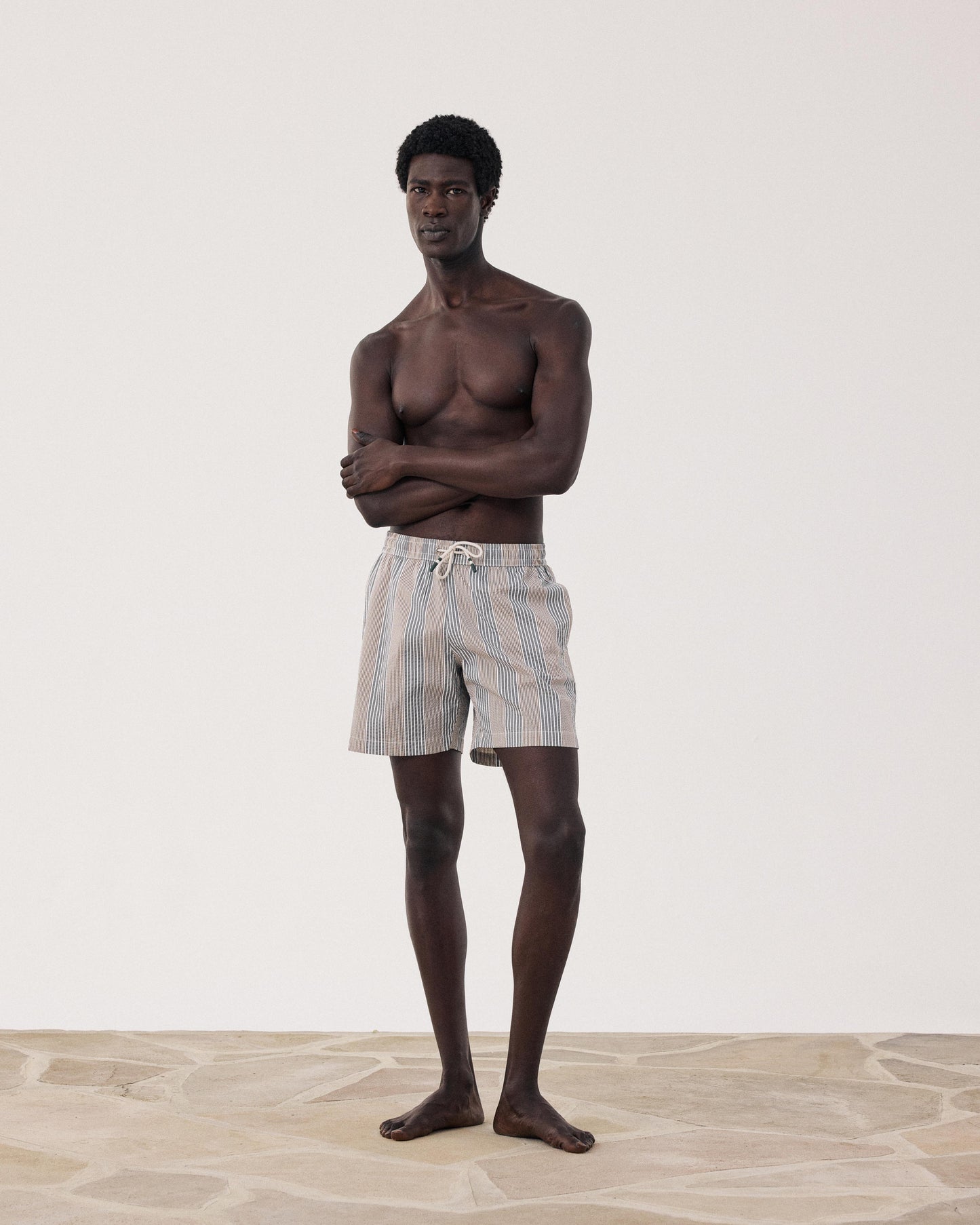 Costume da bagno da uomo in cotone seersucker a righe grigie Swim BF30205-02