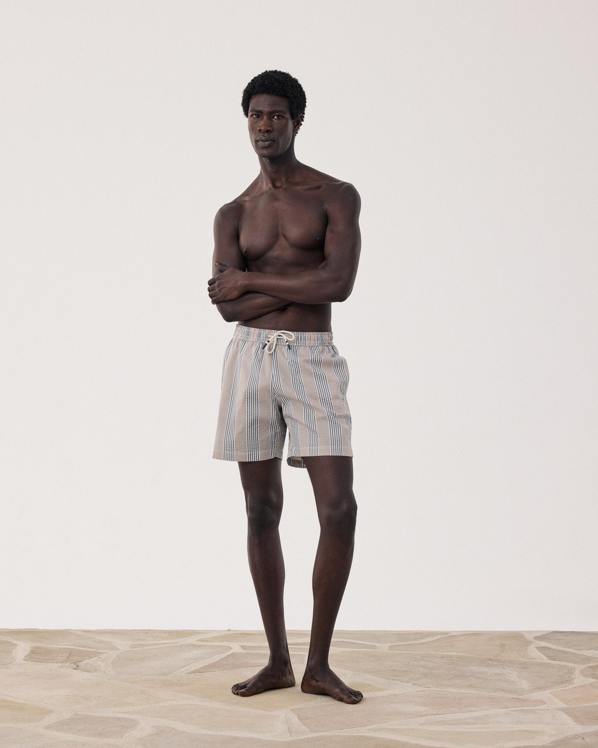 Costume da bagno da uomo in cotone seersucker a righe grigie Swim BF30205-02