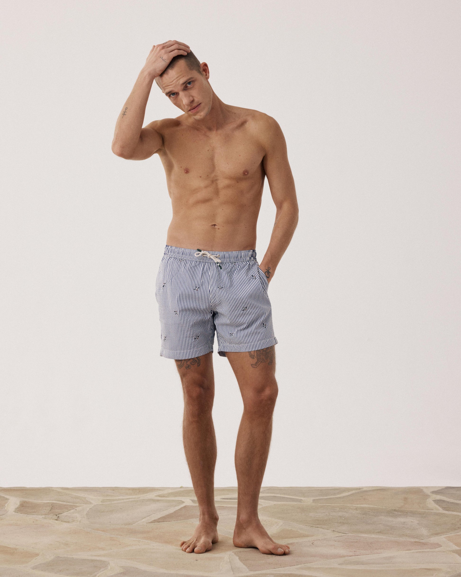 Men's Navy Blue Striped Swim Trunks BF30206-01