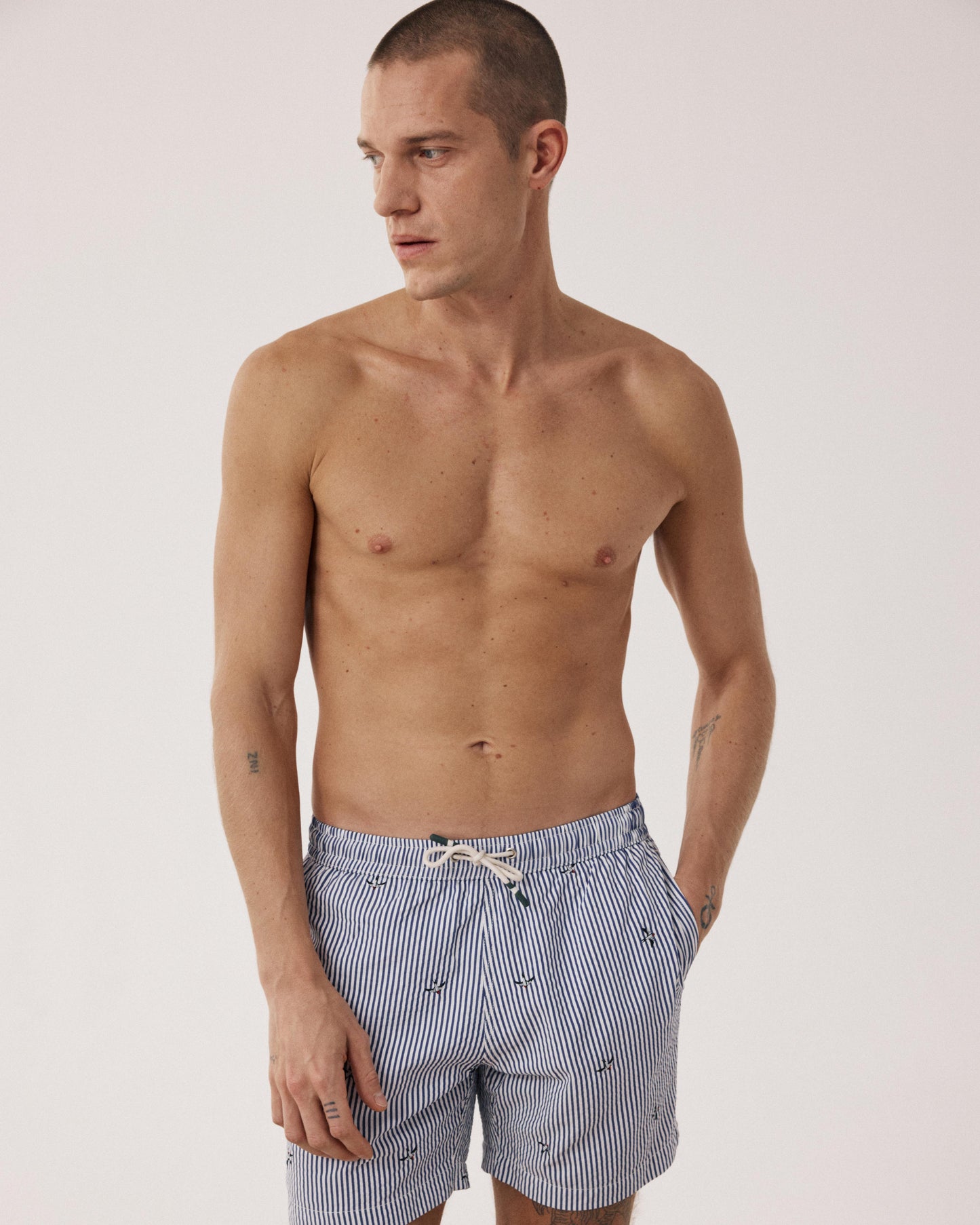 Men's Navy Blue Striped Swim Trunks BF30206-01