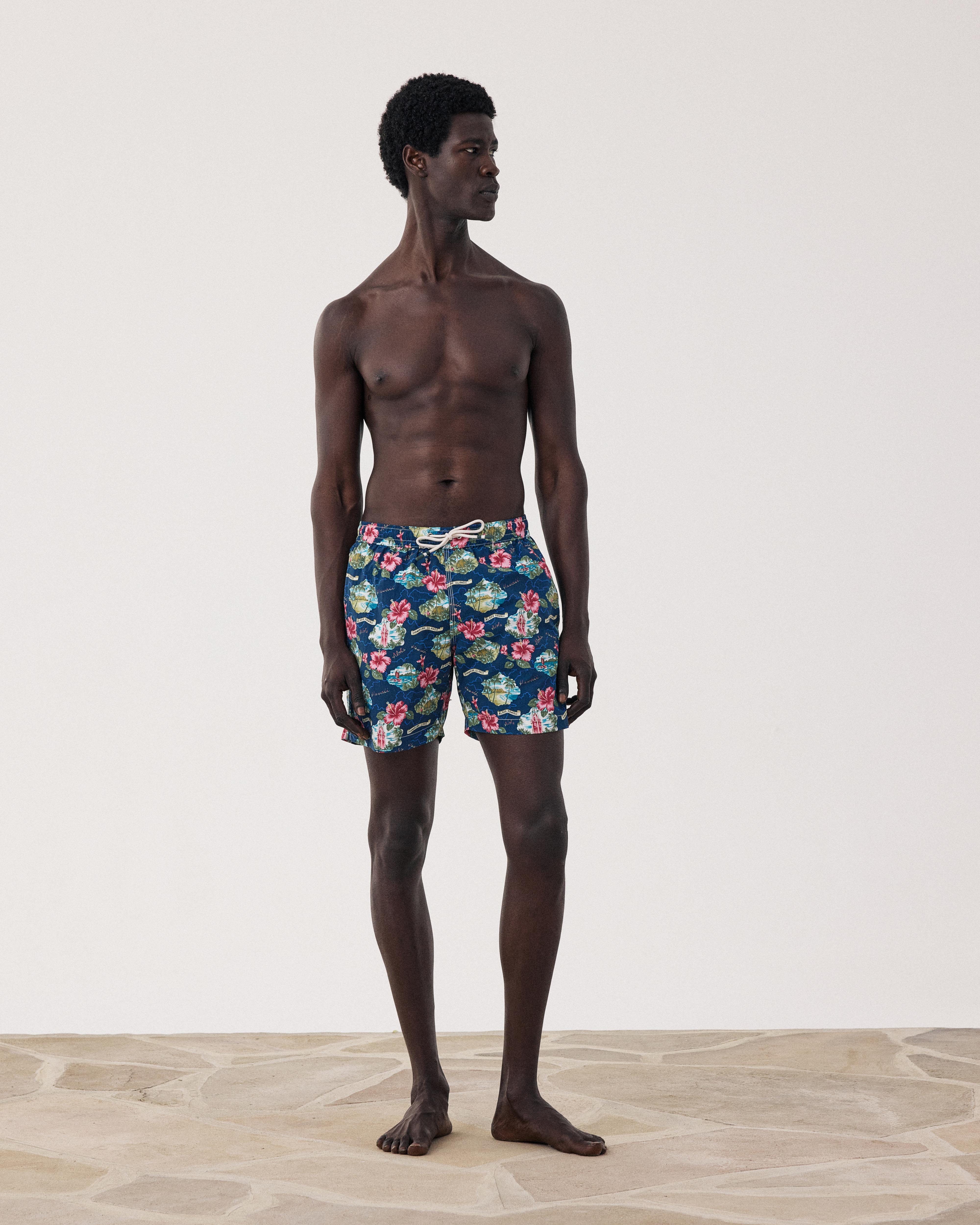 Men's Navy Blue Hawaï Print Swim trunks BF30219-01 - Men's Swim