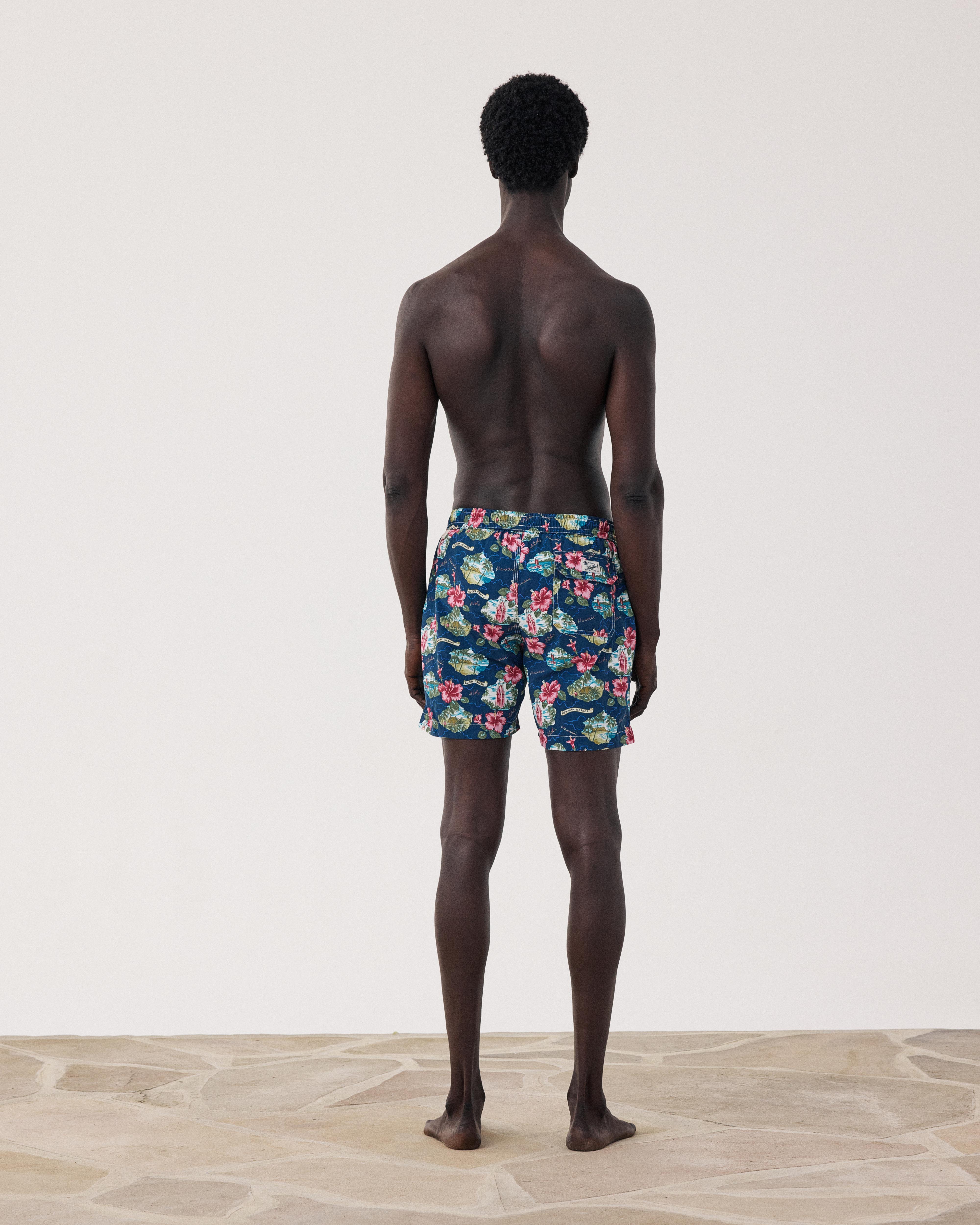 Men's Navy Blue Hawaï Print Swim trunks BF30219-01 - Men's Swim