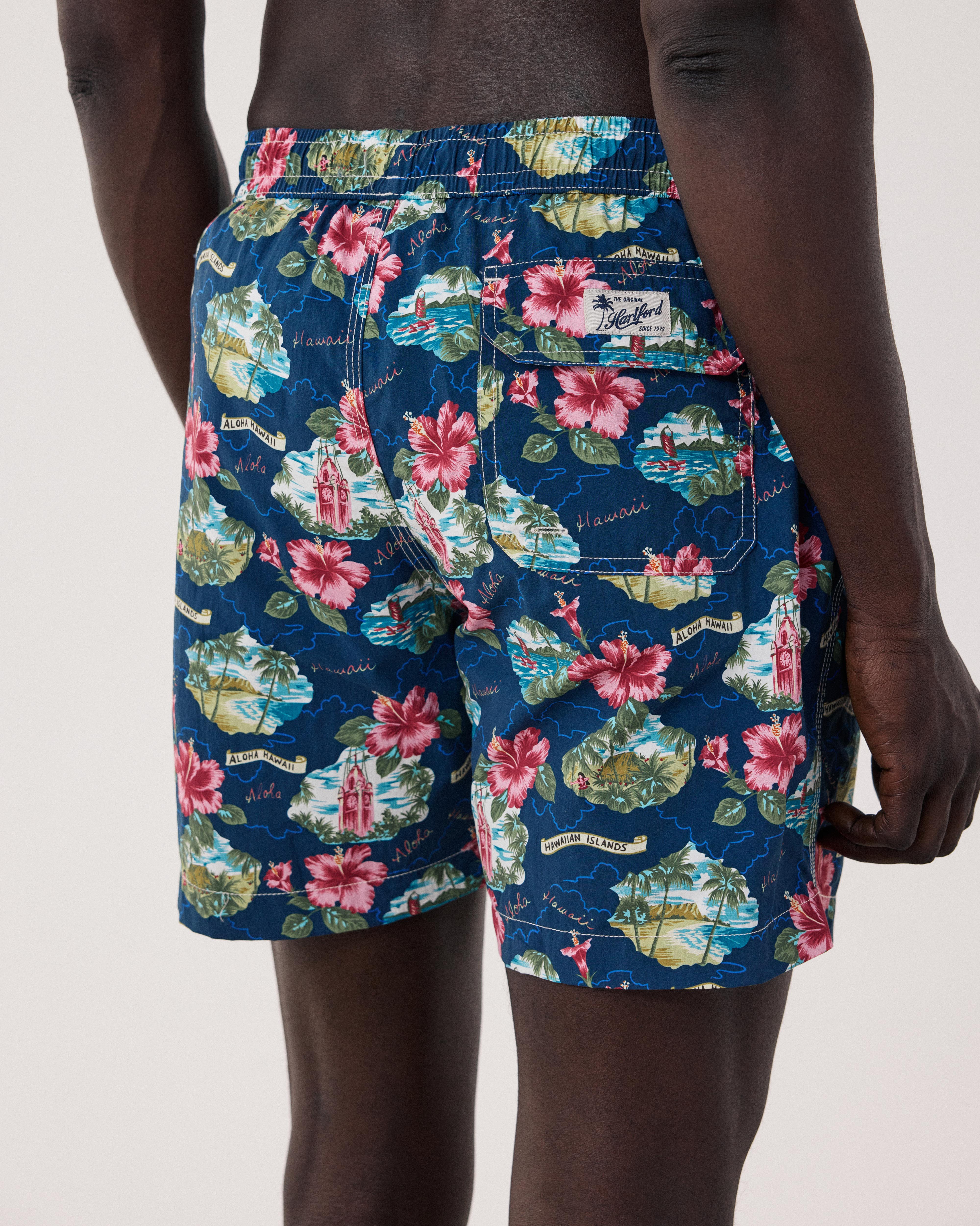 Men's Navy Blue Hawaï Print Swim trunks BF30219-01 - Men's Swim