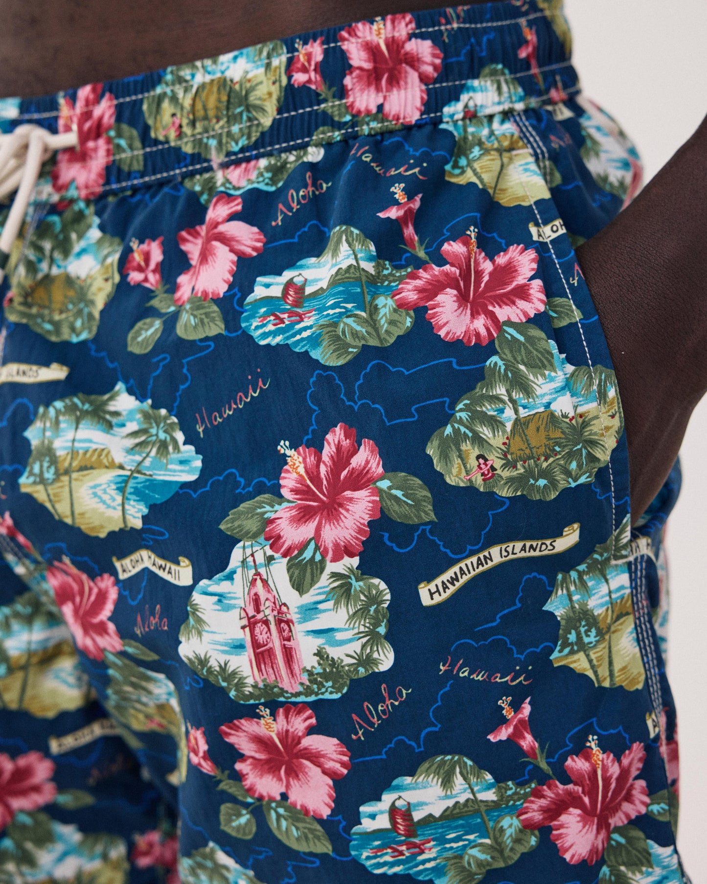 Men's Navy Blue Hawaï Print Swim Trunks BF30219-01