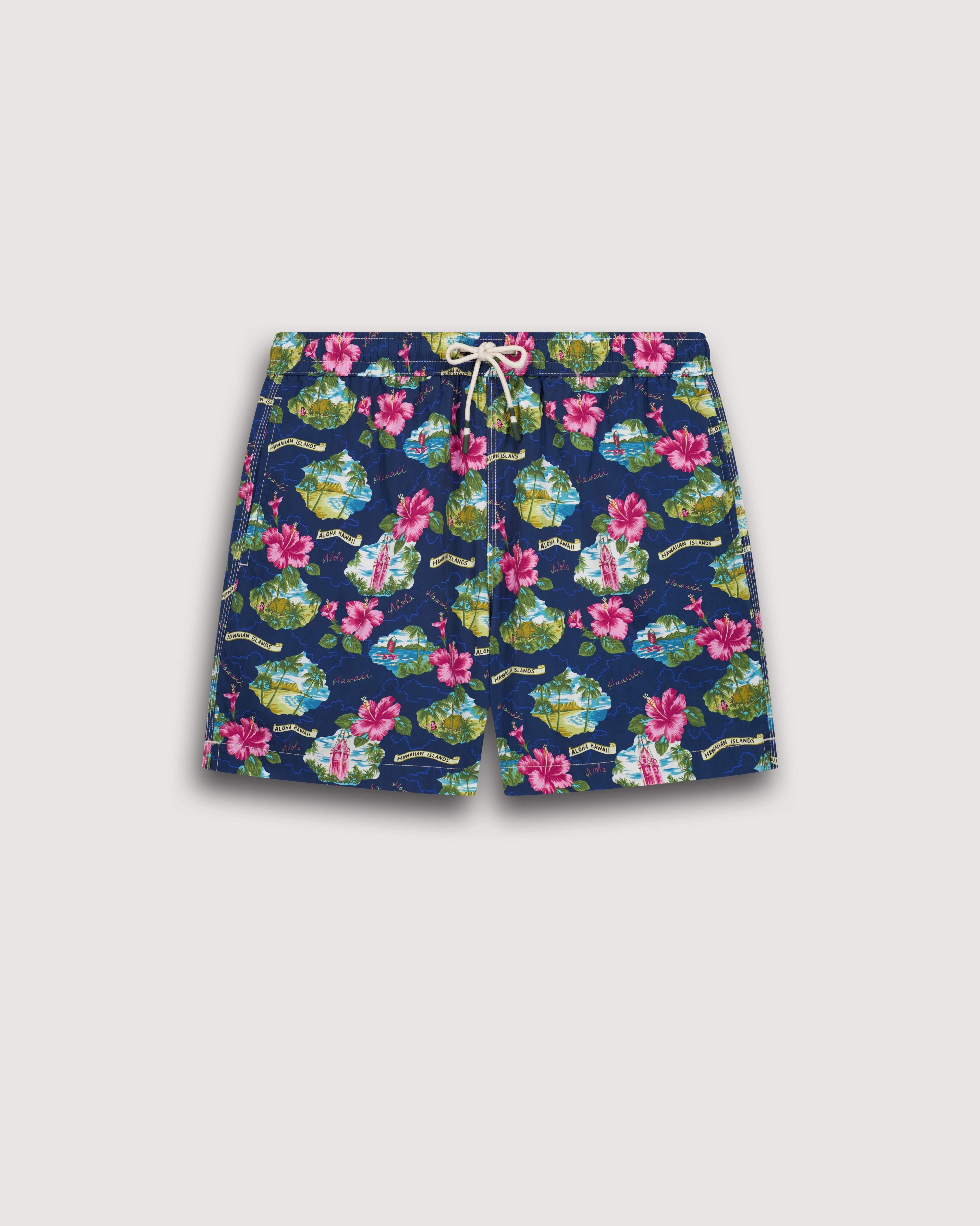 Men's Navy Blue Hawaï Print Swim trunks BF30219-01 - Men's Swim
