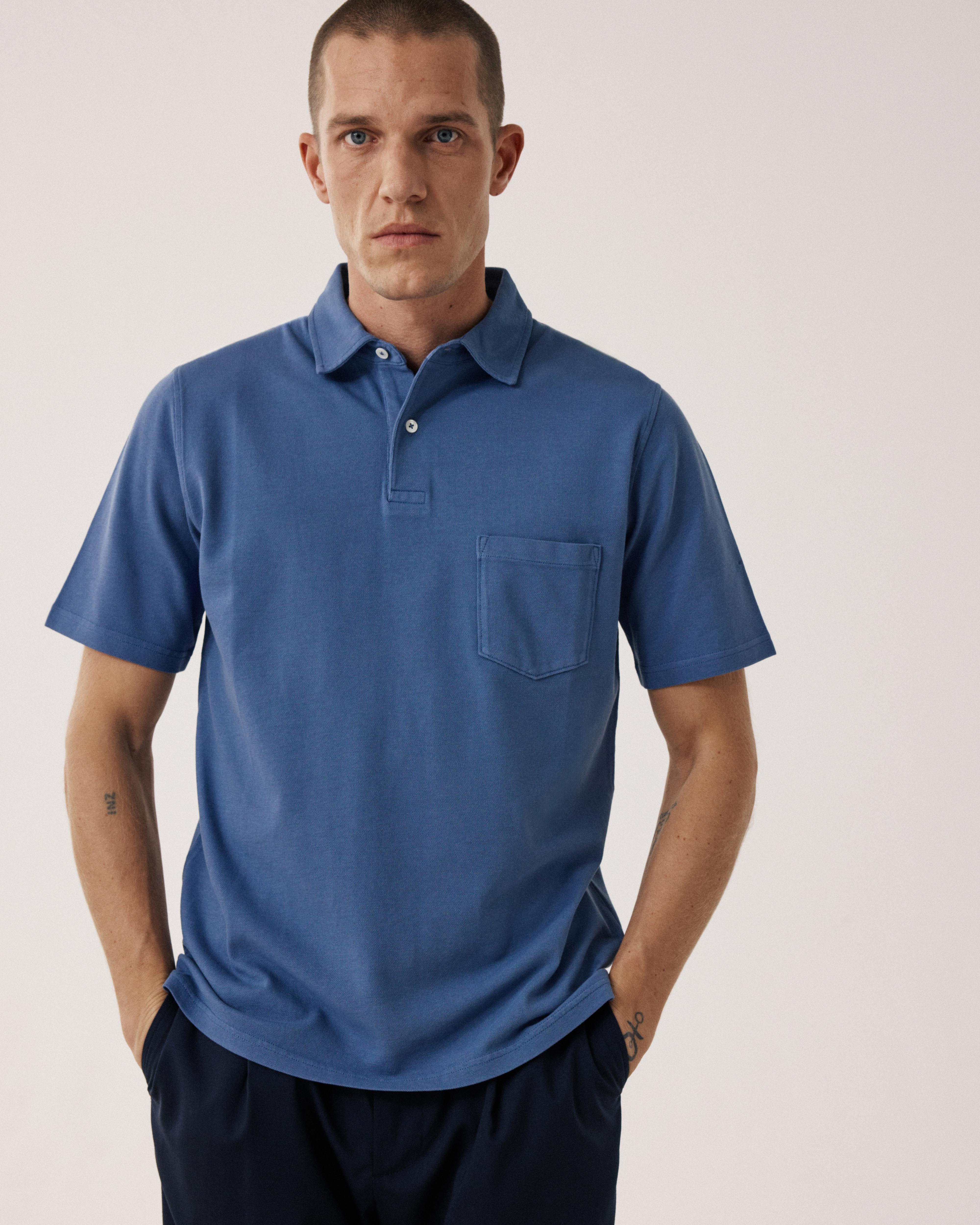 Men's Denim Blue Piqué Cotton Polo BF64300-07 - Men's Polo - Hartford