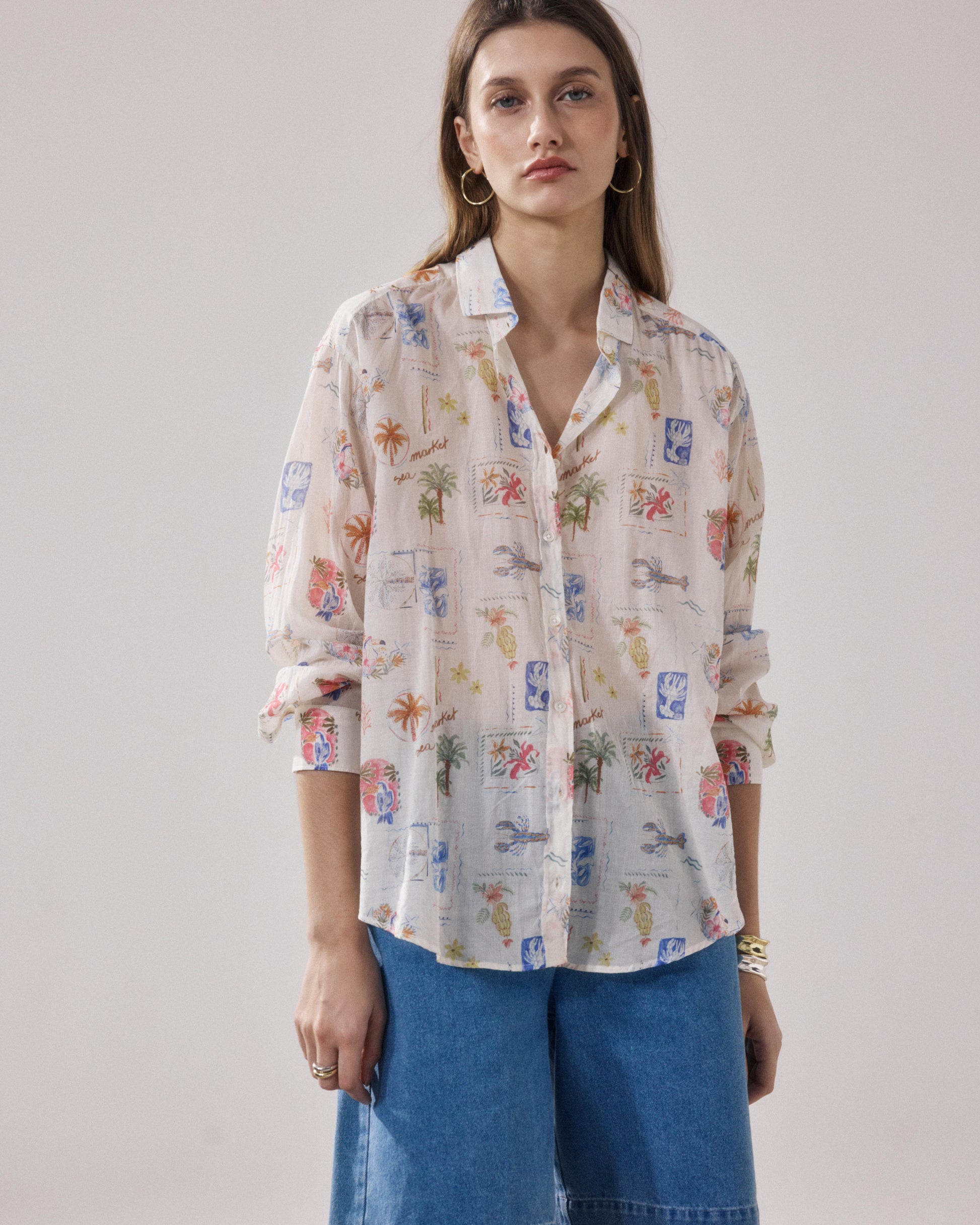 Chemise Femme en Coton Imprimé Blanc & Multicouleur Charlot