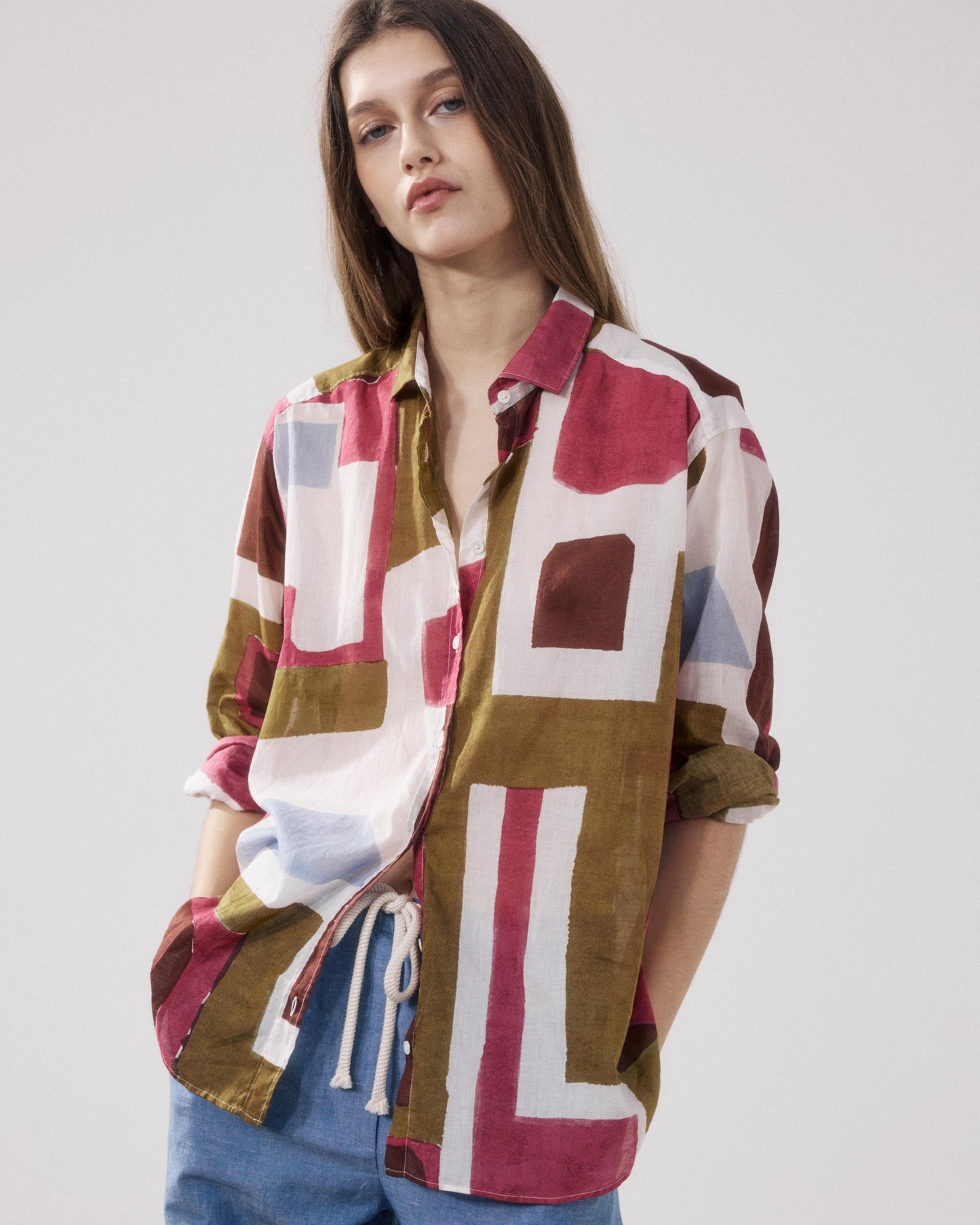 Women's Printed Cotton Shirt with White, Purple, and Bronze Print Charlot BFCE631-01