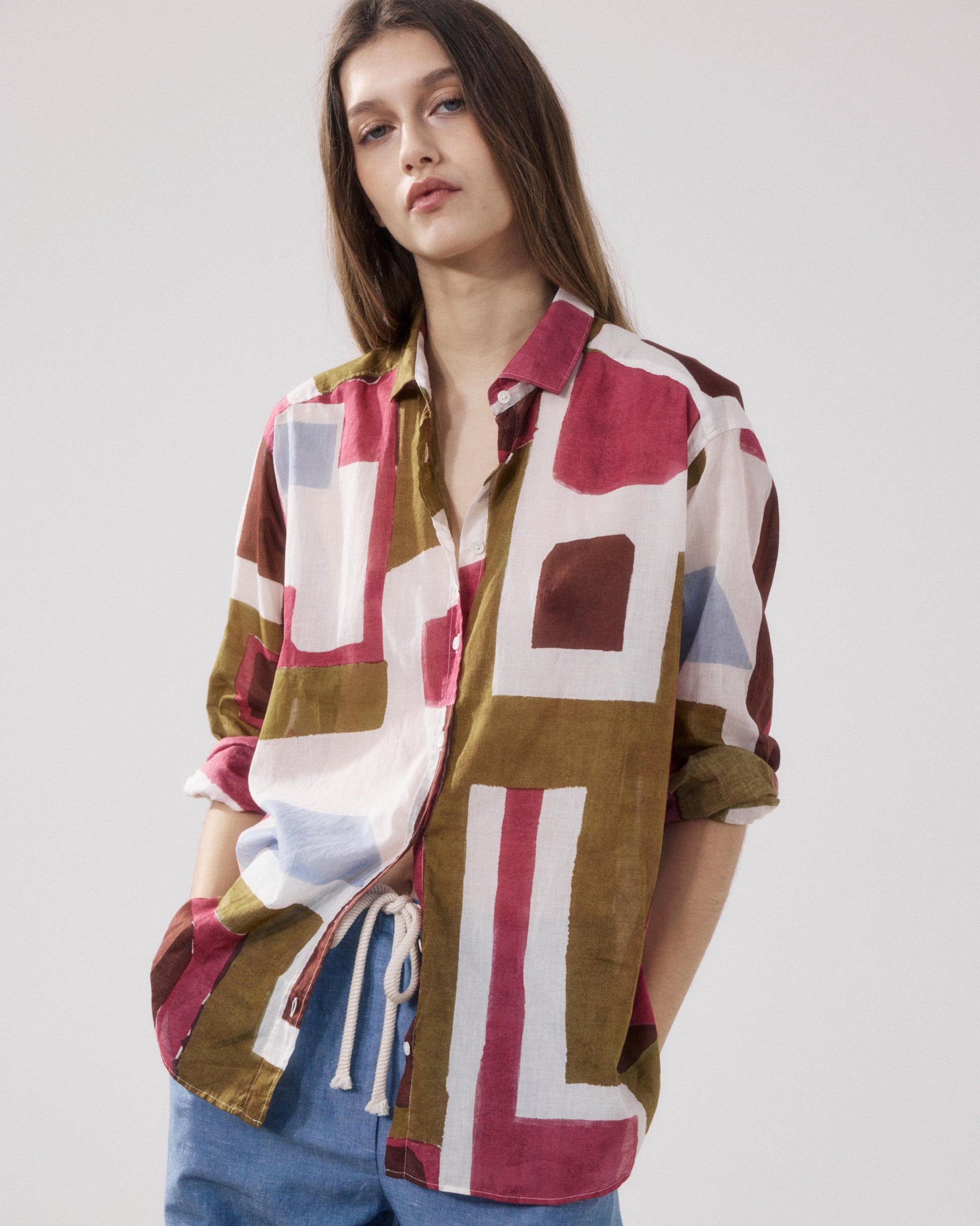 Women's Printed Cotton Shirt with White, Purple, and Bronze Print Charlot BFCE631-01