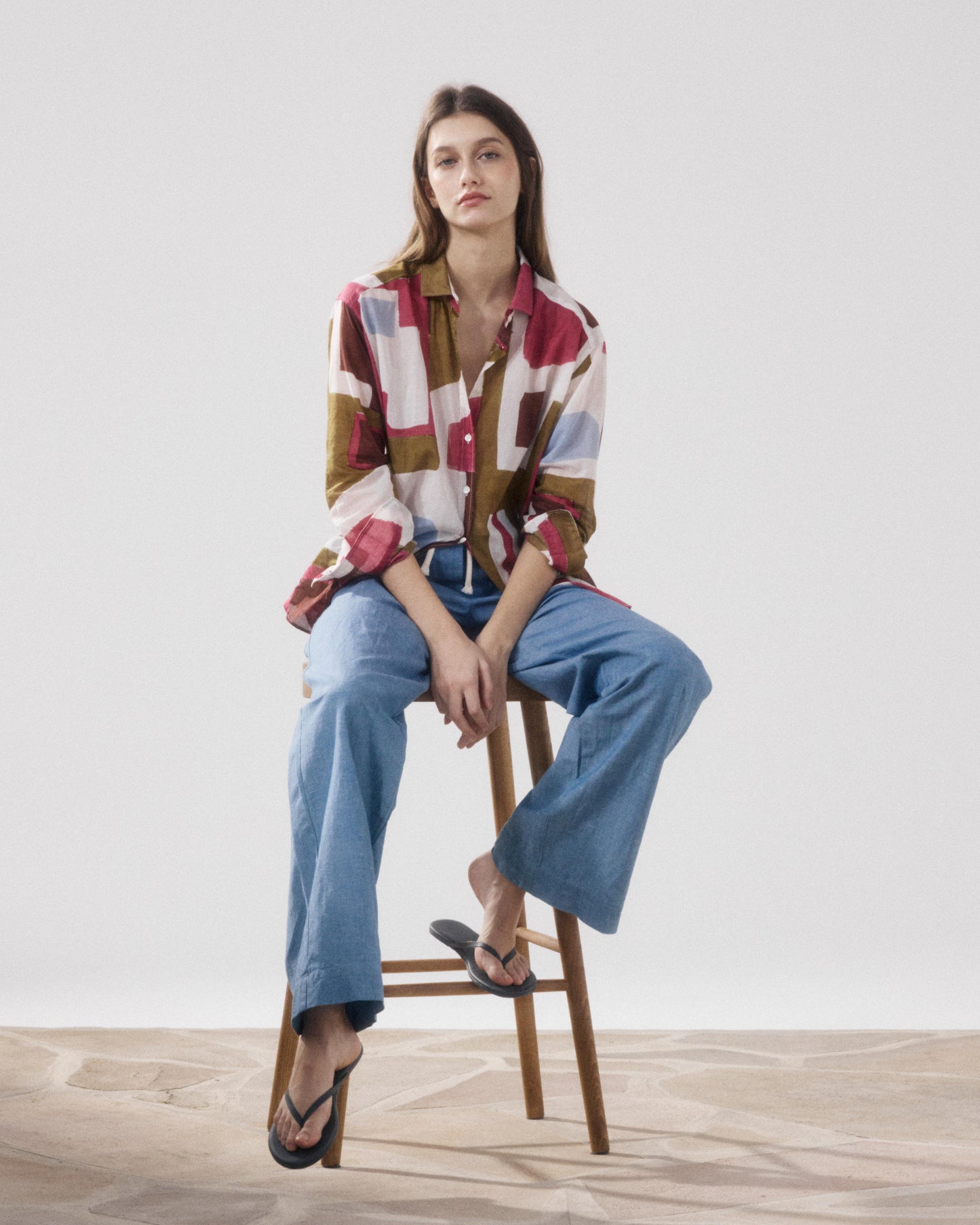 Women's Printed Cotton Shirt with White, Purple, and Bronze Print Charlot BFCE631-01