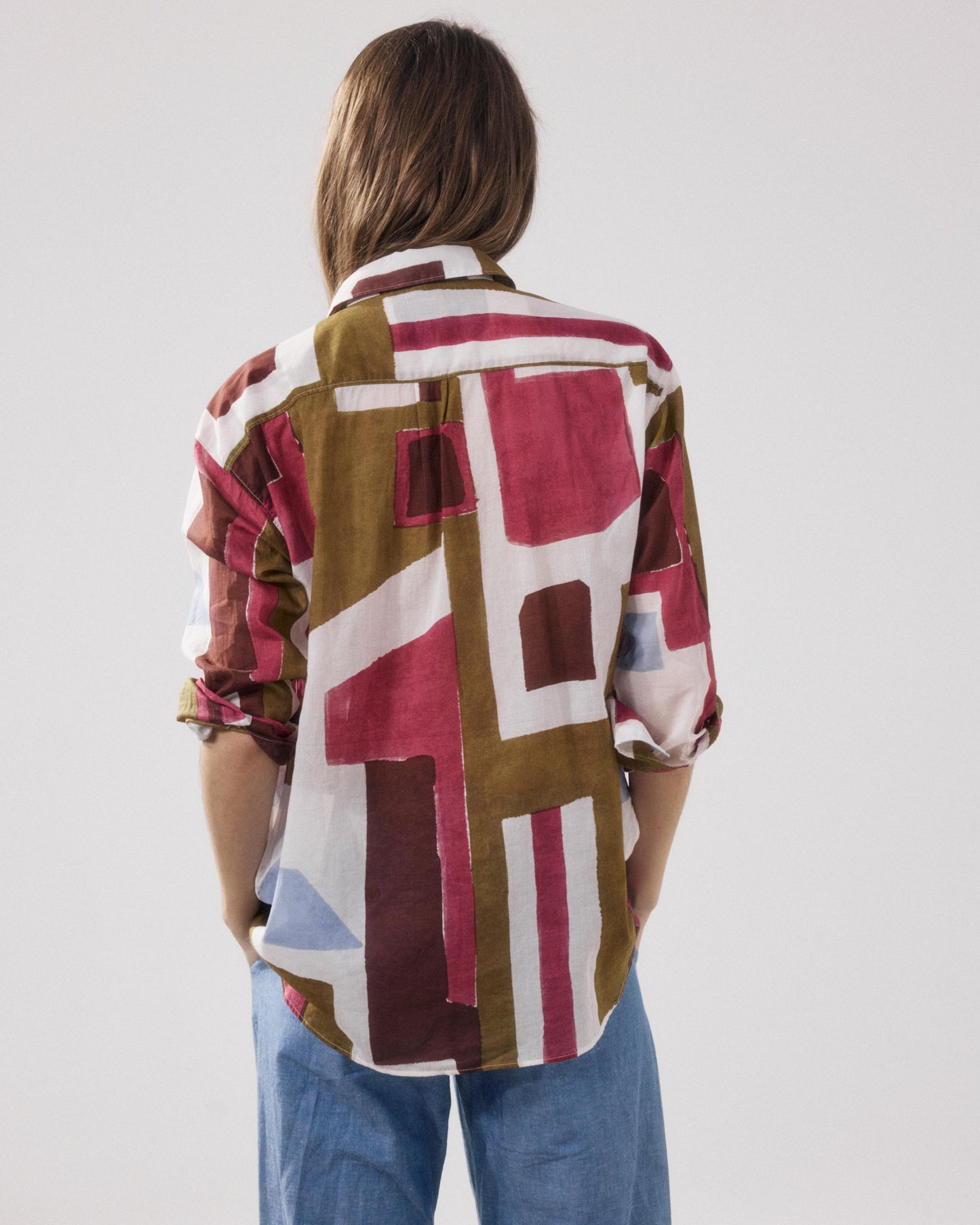 Women's Printed Cotton Shirt with White, Purple, and Bronze Print Charlot BFCE631-01