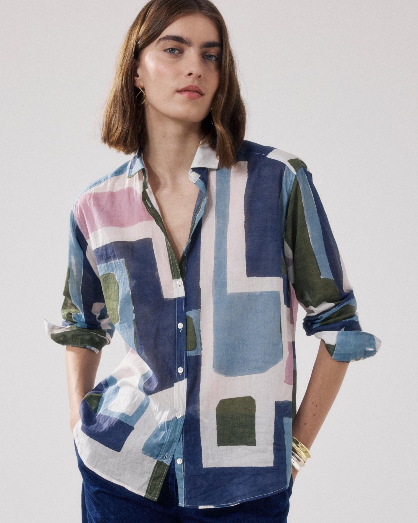 Women's Printed Cotton Shirt with White, Blue, and Beige Print Charlot BFCE631-02