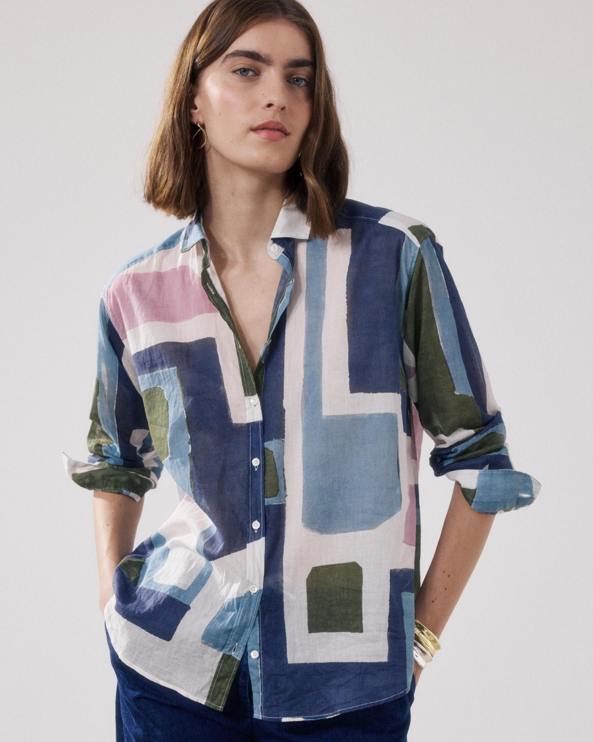 Women's Printed Cotton Shirt with White, Blue, and Beige Print Charlot BFCE631-02