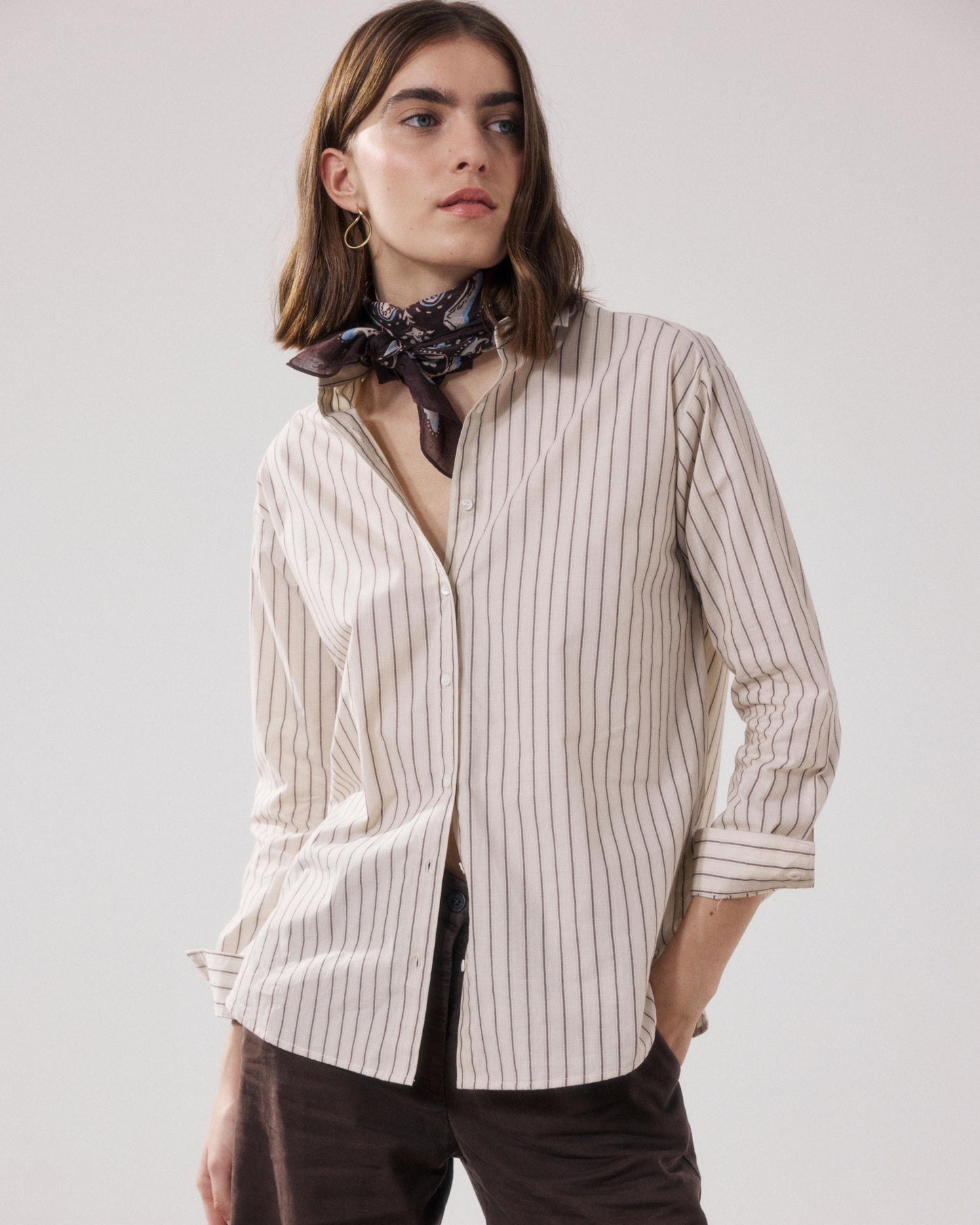 Women's Beige & Brown Striped Poplin Shirt Charlot BFCE638-01