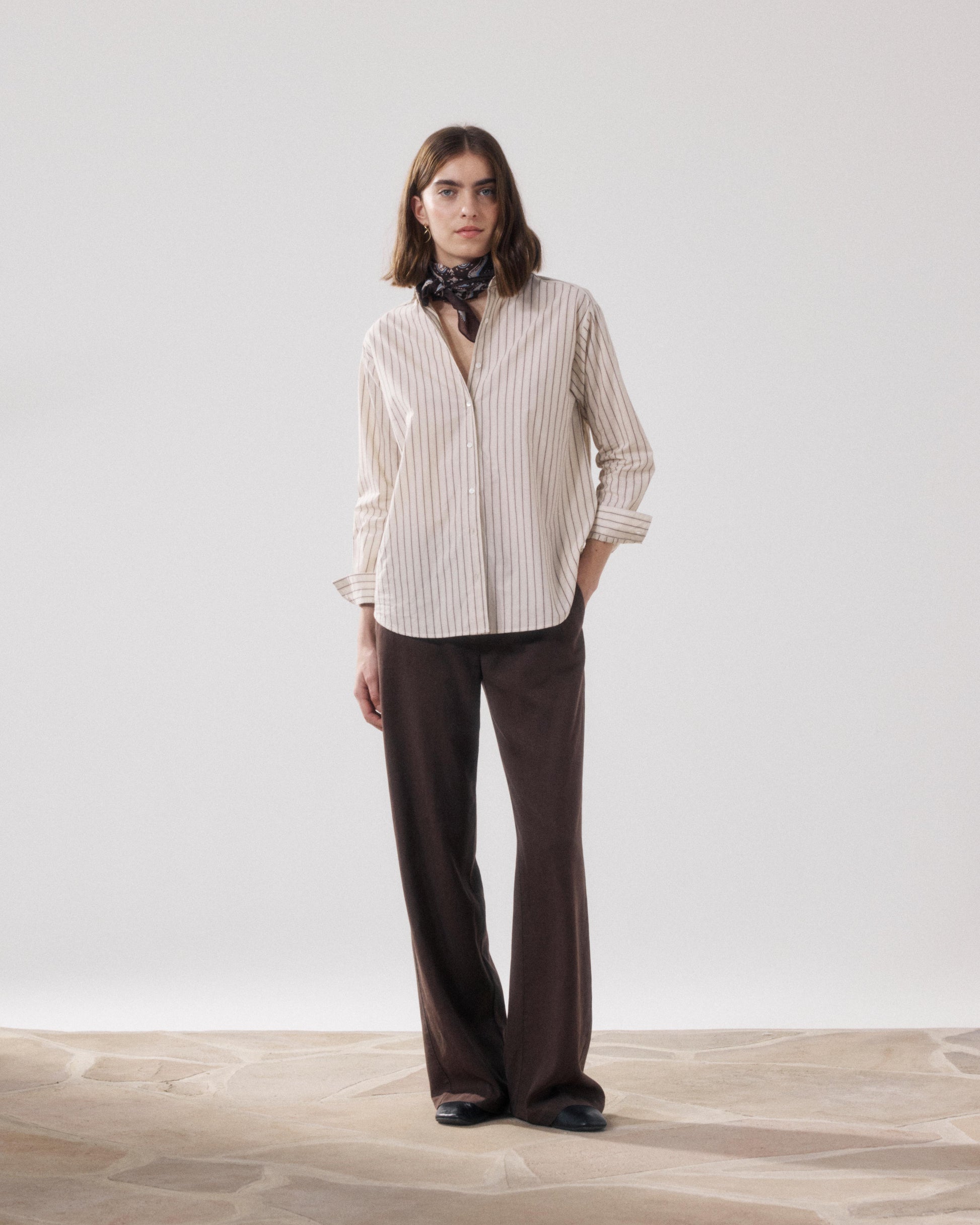 Women's Beige & Brown Striped Poplin Shirt Charlot BFCE638-01