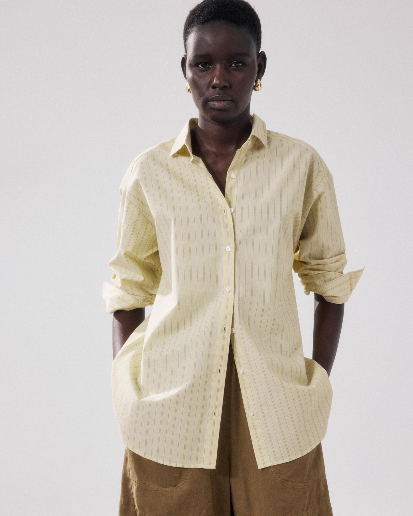 Women's Yellow & Brown Striped Poplin Shirt Charlot BFCE638-02