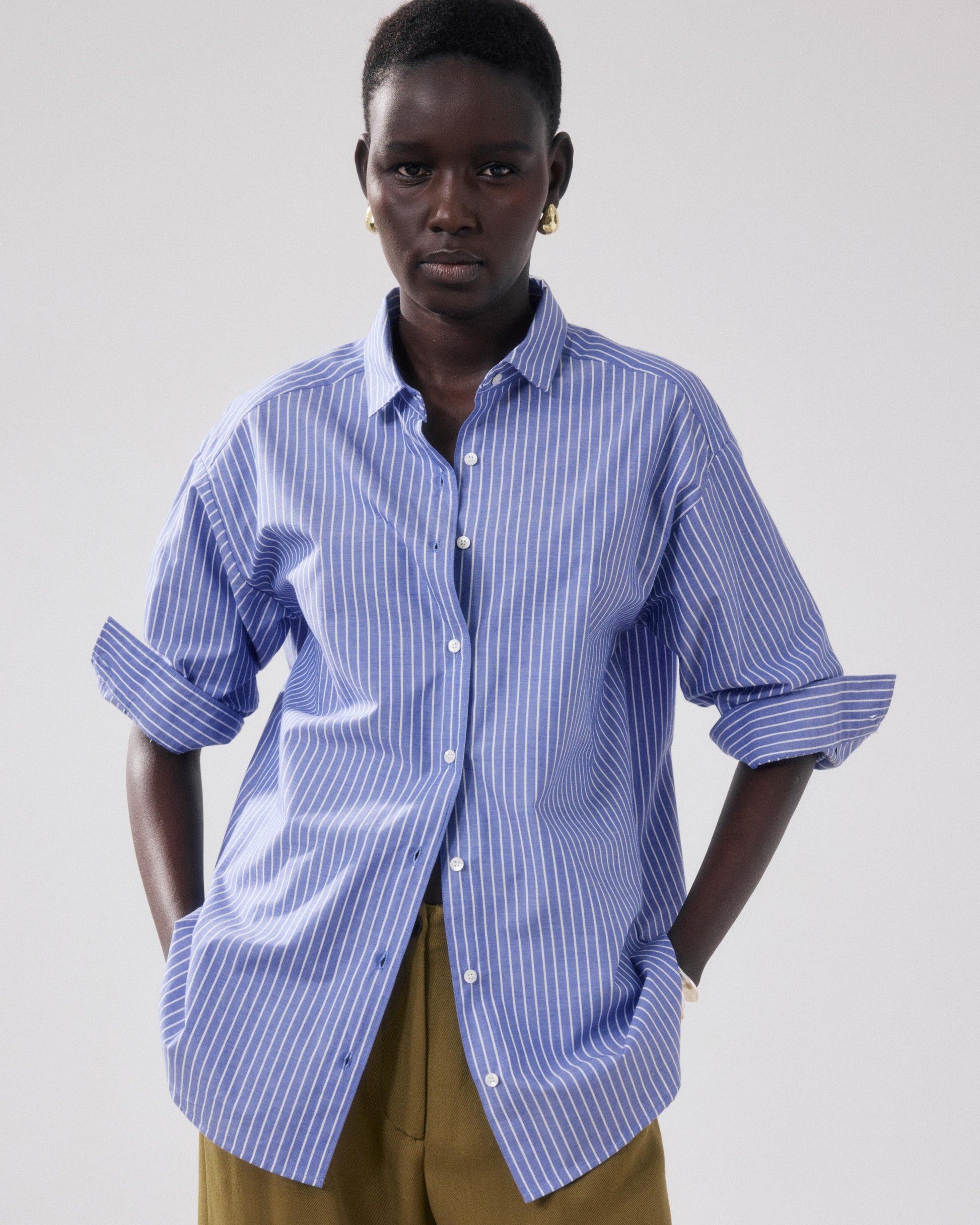 Women's Blue & White Striped Poplin Shirt Charlot BFCE638-03