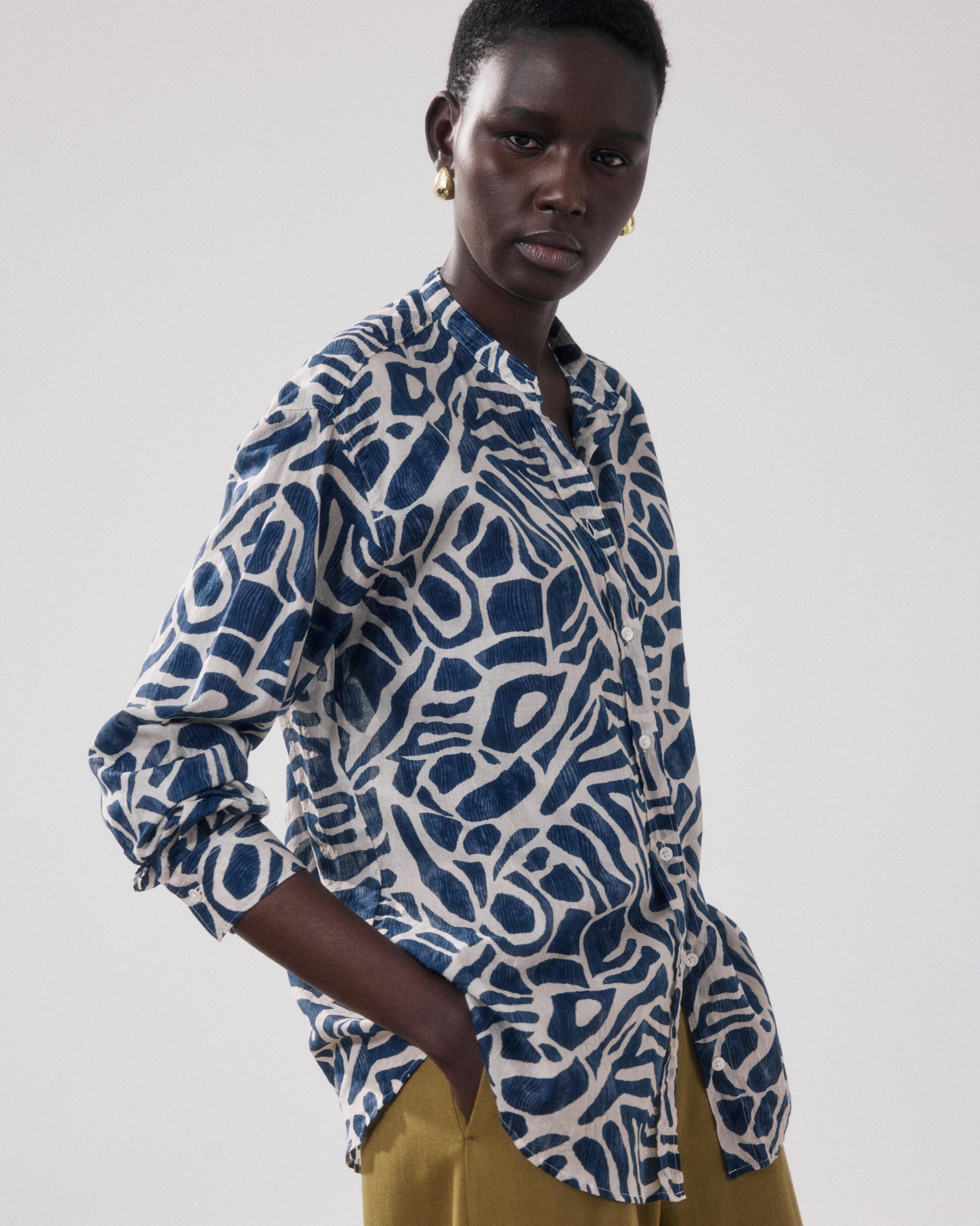 Chemise Femme en Coton Imprimé Beige & Bleu Cristal