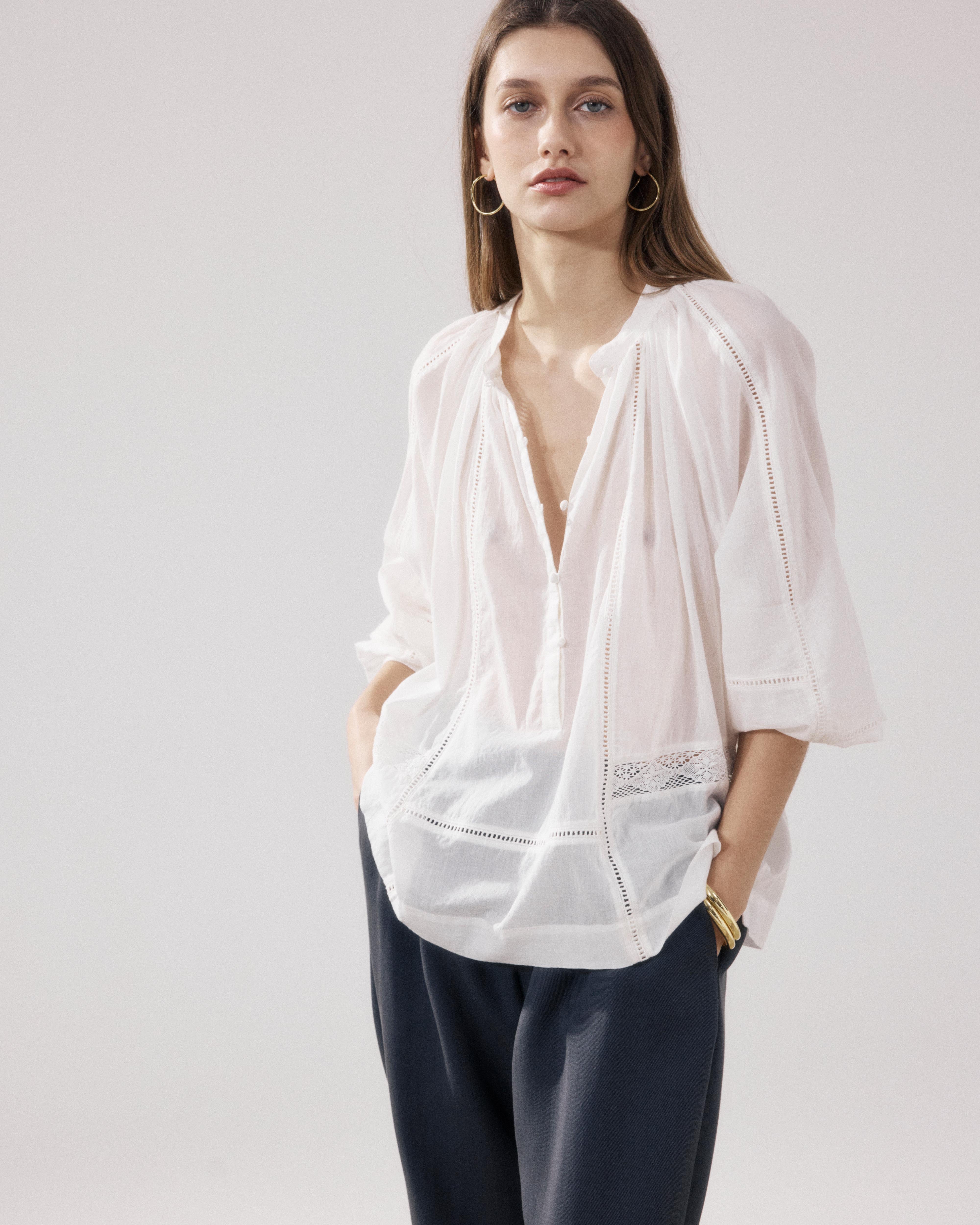 Cora Women's Ecru Cotton Voile Shirt BFCQ550-01 - Women's Shirt