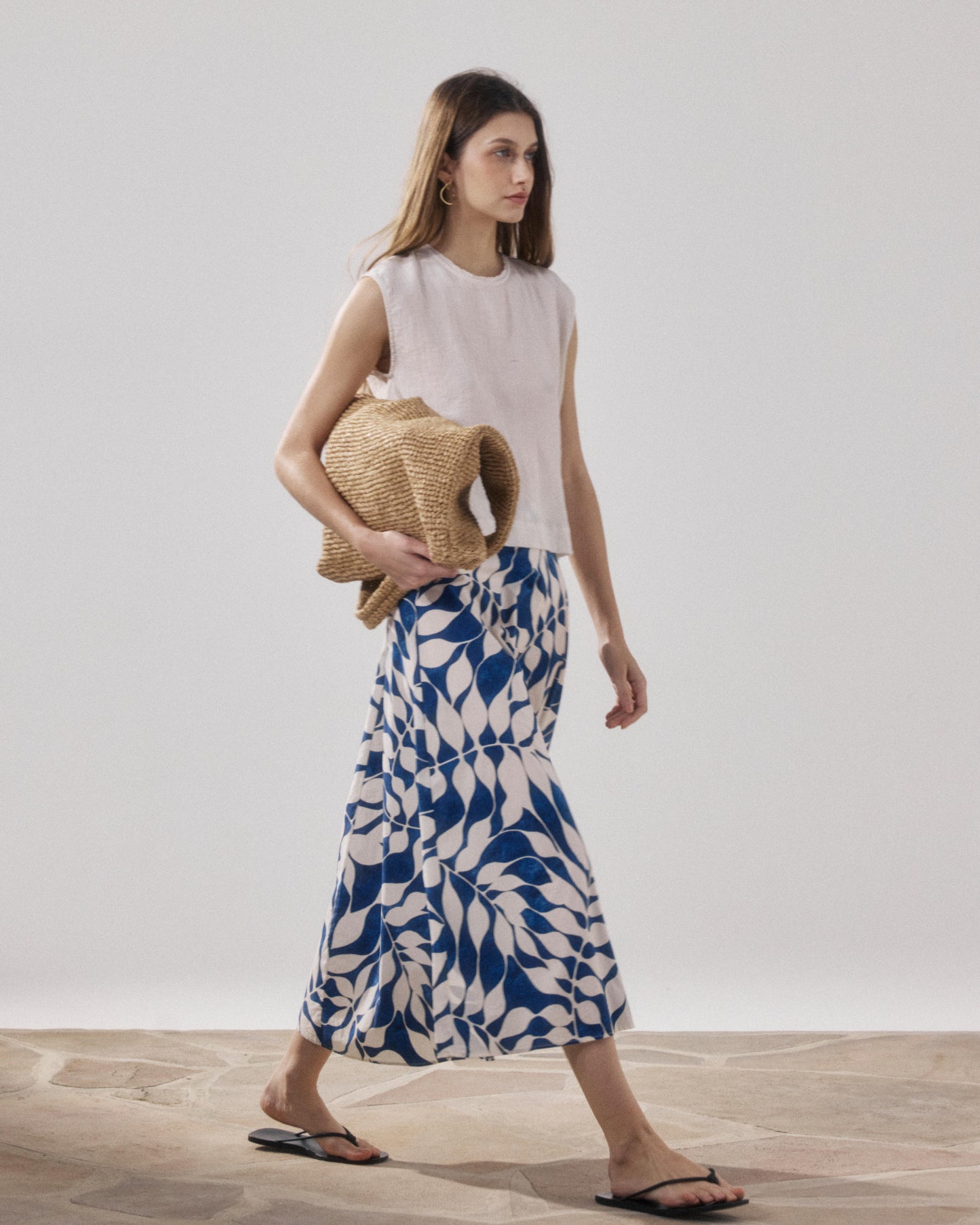 Jupe Femme en Coton Imprimé Feuilles Blanc & Bleu Joyce BFJE622-03