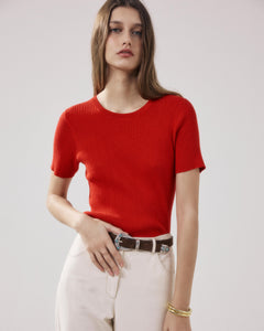 Women's Red Ribbed Cotton & Silk Sweater Marty BFMT517-02