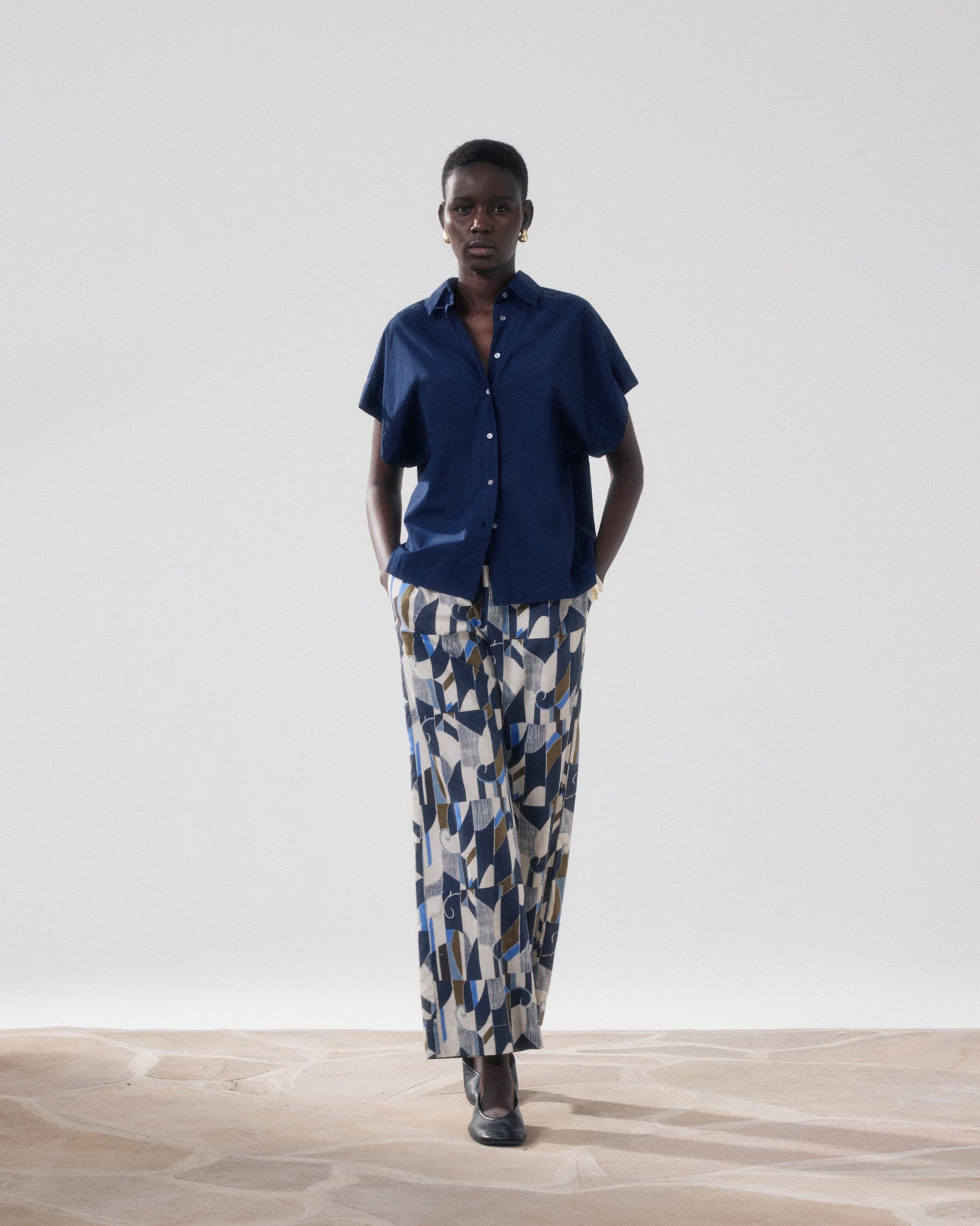 Women's Beige & Blue Printed Cotton Pants Palermo BFPB623-01