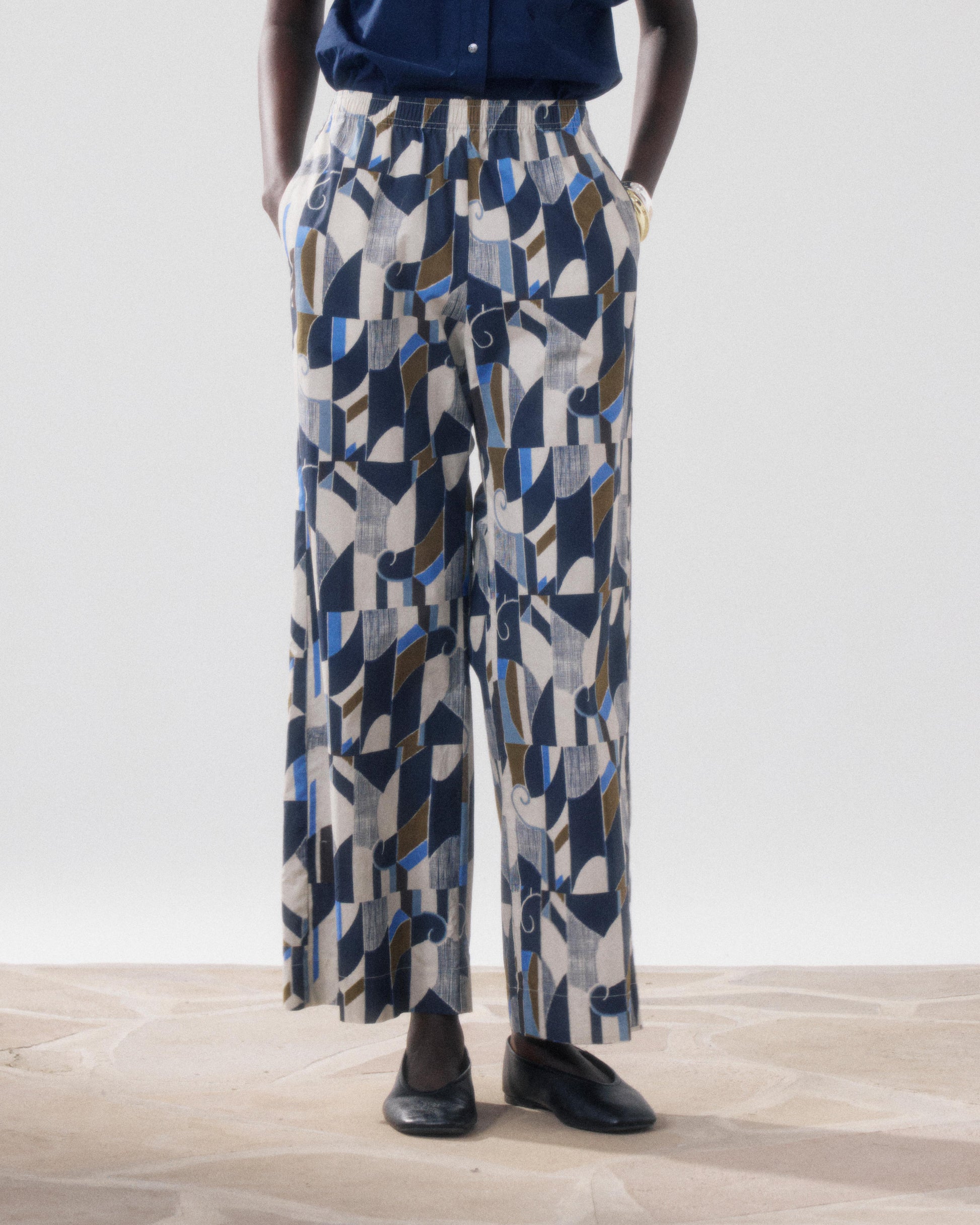 Women's Beige & Blue Printed Cotton Pants Palermo BFPB623-01