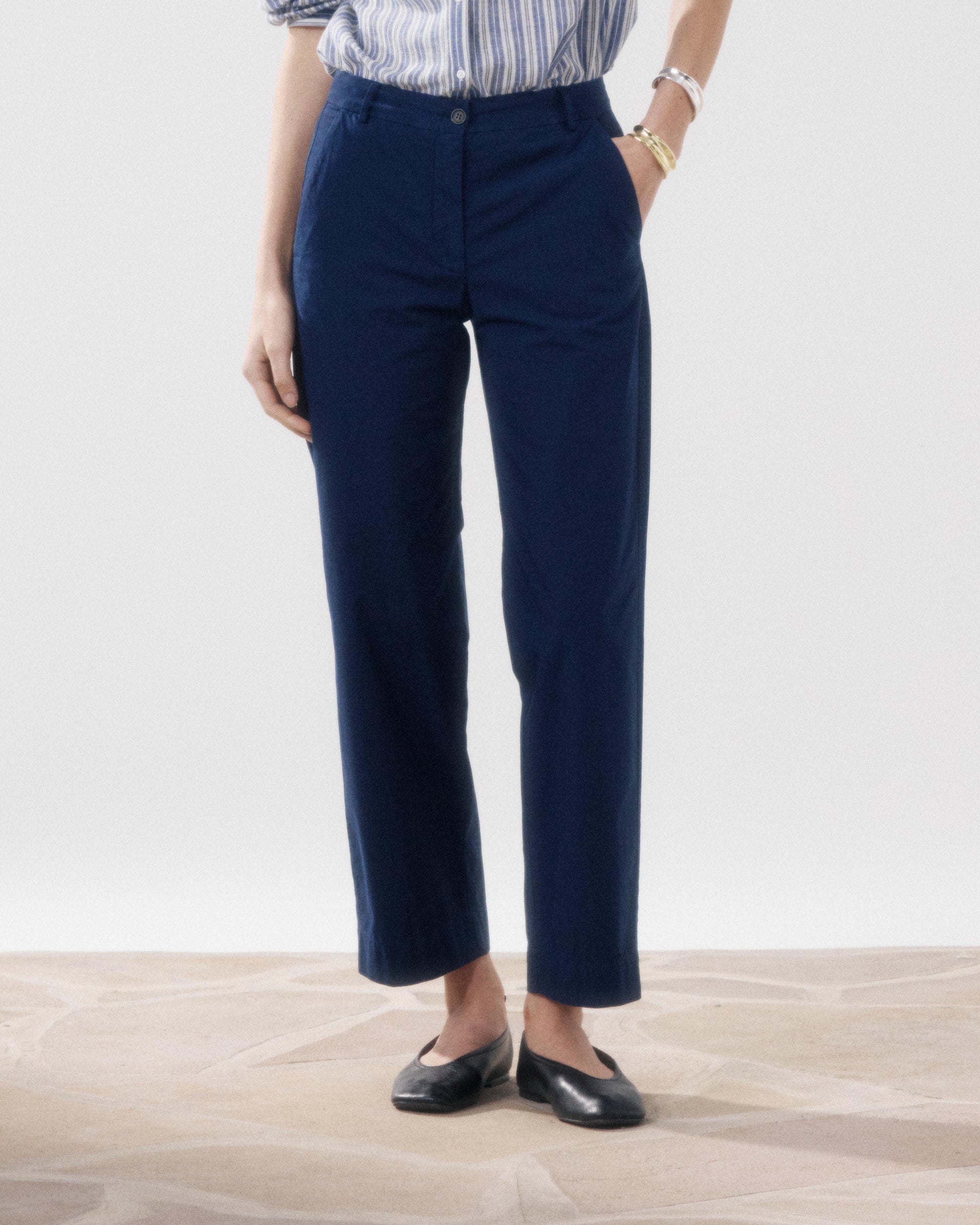 Damesbroek van gestreept Popeline in nachtblauw Perf