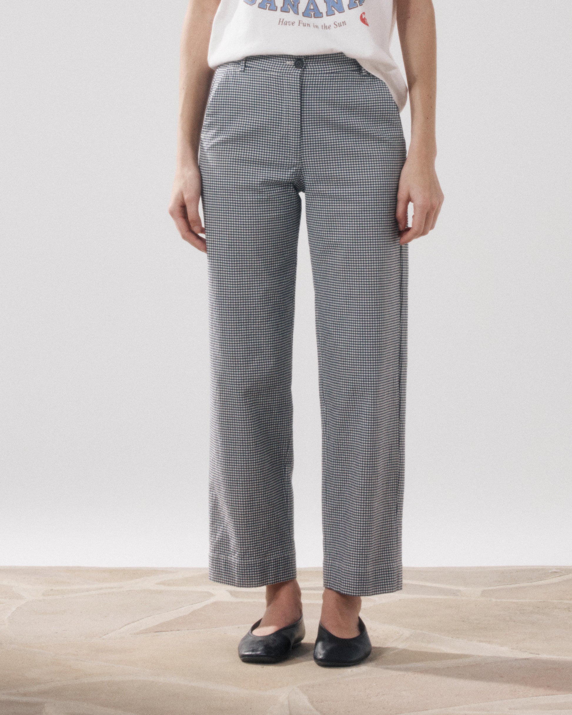 Pantalones de mujer de Algodón con Estampado Vichy beige y azul marino Perf BFPJ615-01