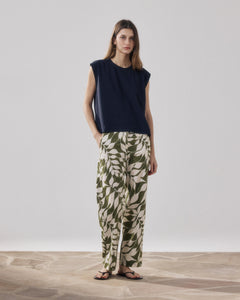 Women's Cotton Leaves Print Pants with White & Beige Perf BFPJ622-01