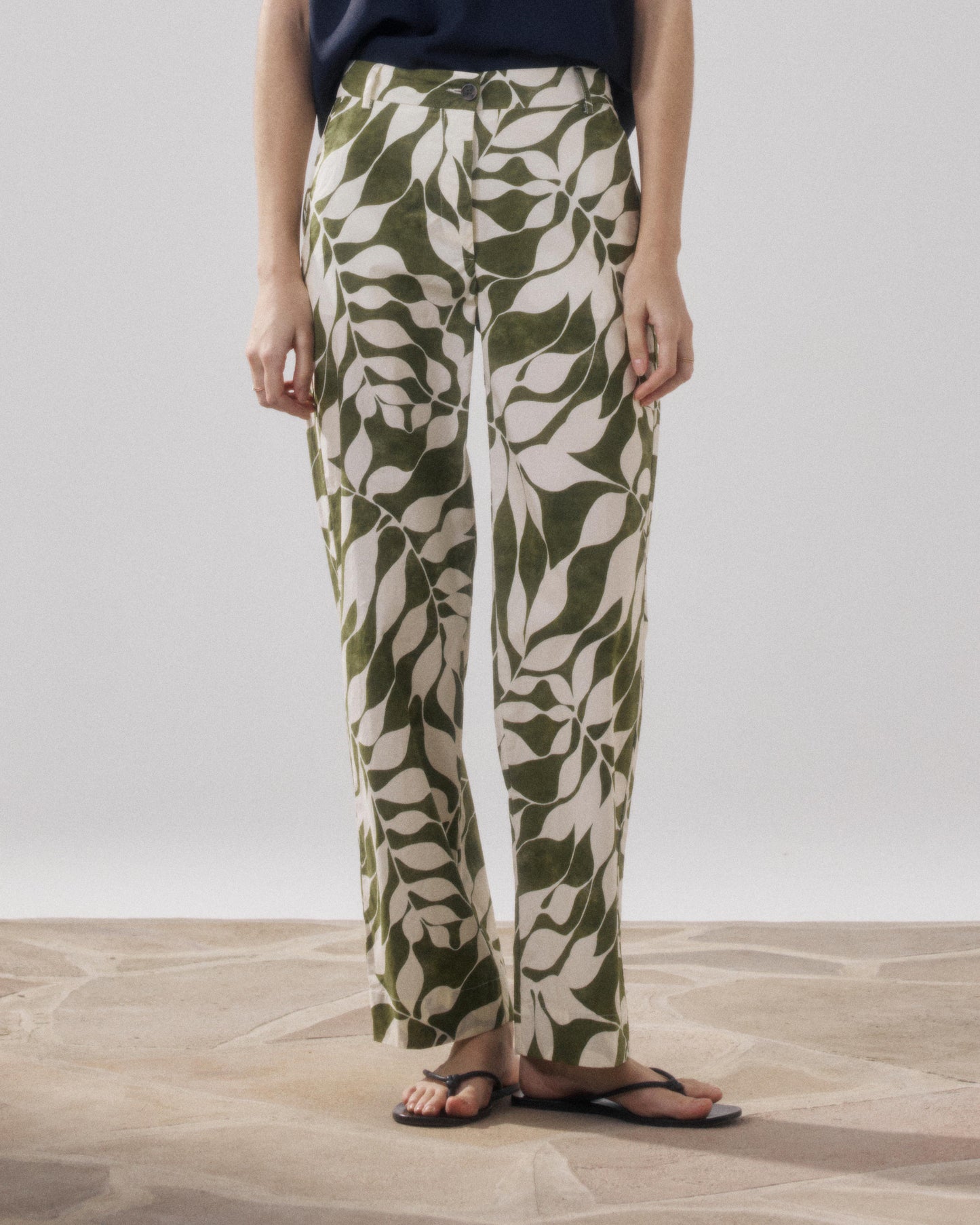 Pantalon Femme en Coton Imprimé Feuilles Blanc & Beige Perf BFPJ622-01