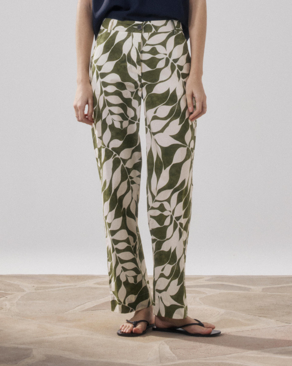 Pantalon Femme en Coton Imprimé Feuilles Blanc & Beige Perf - Image 3