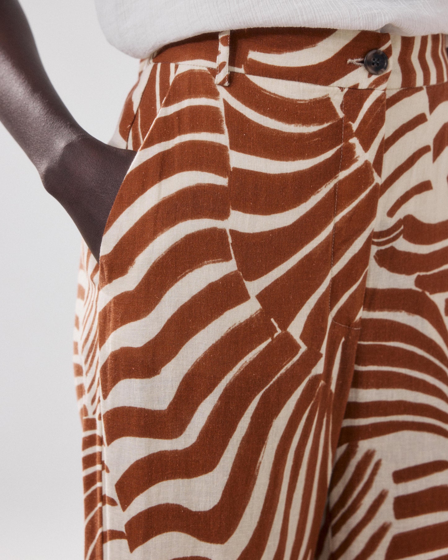 Pantalones de mujer de Lino & Viscosa Estampados en color crudo y marrón Positano BFPR625-01