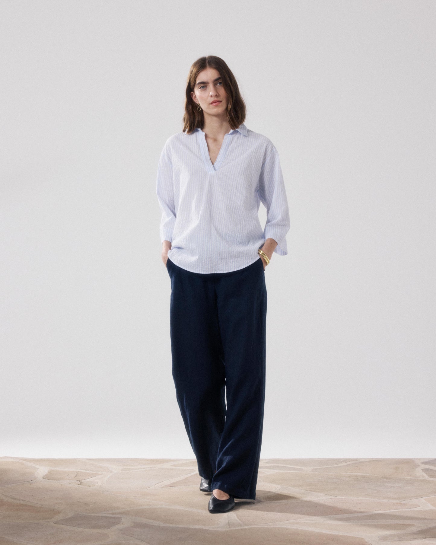 Pantalon Femme en Lin Bleu Nuit Positanon BFPS606-43