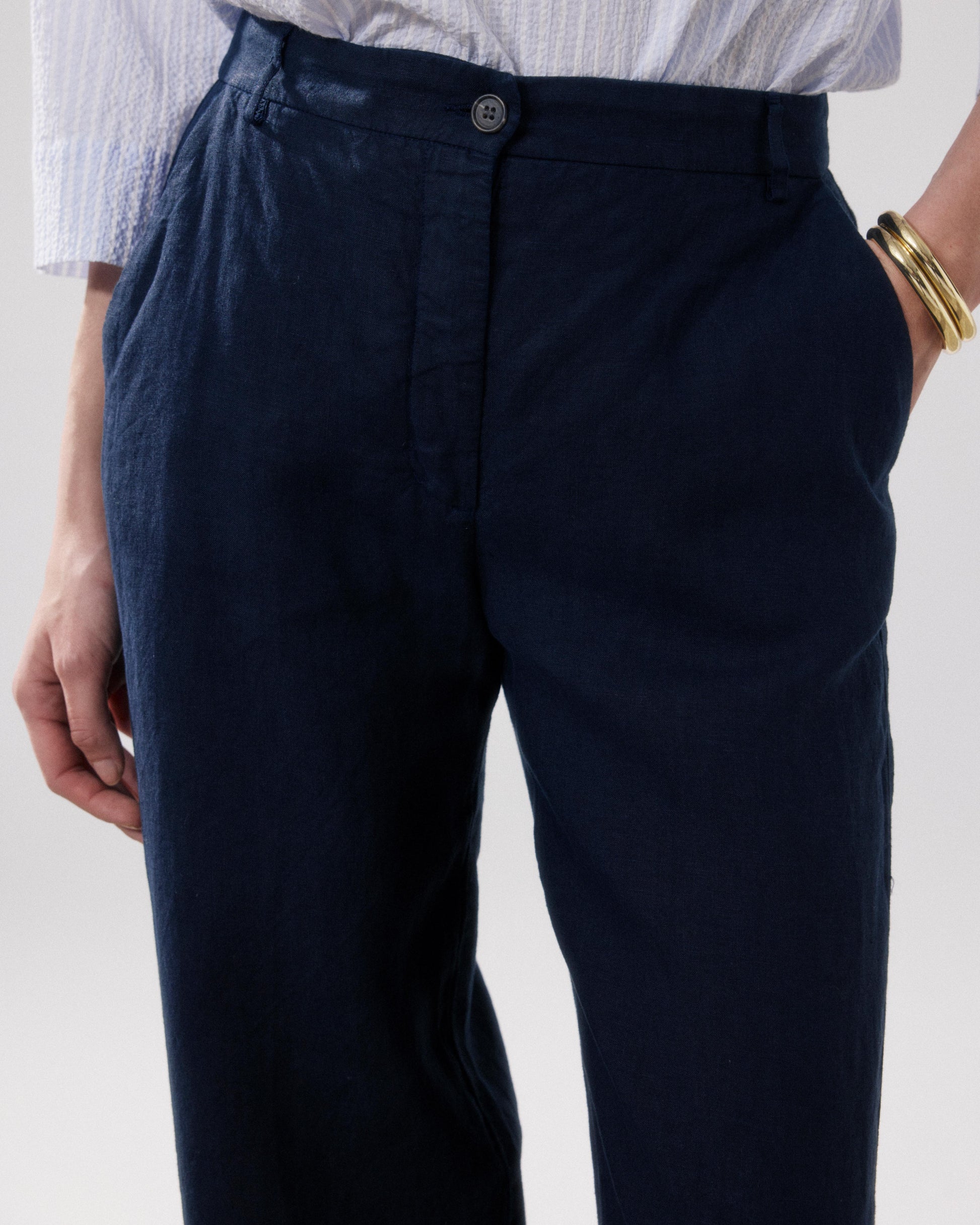 Pantalon Femme en Lin Bleu Nuit Positanon BFPS606-43