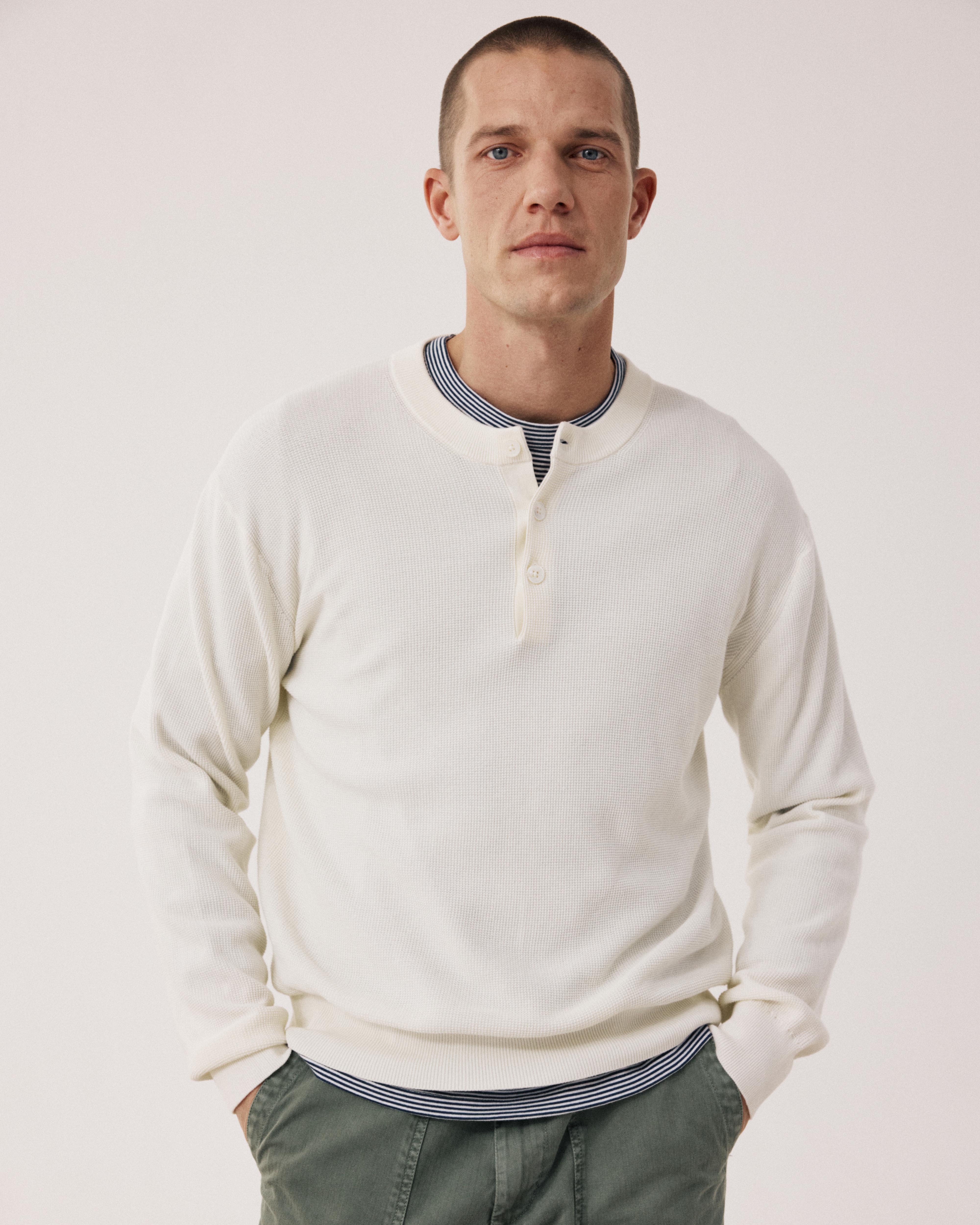 Henley Men's Cream Piqué Cotton Sweater BFQ8315-01 - Men's Sweater