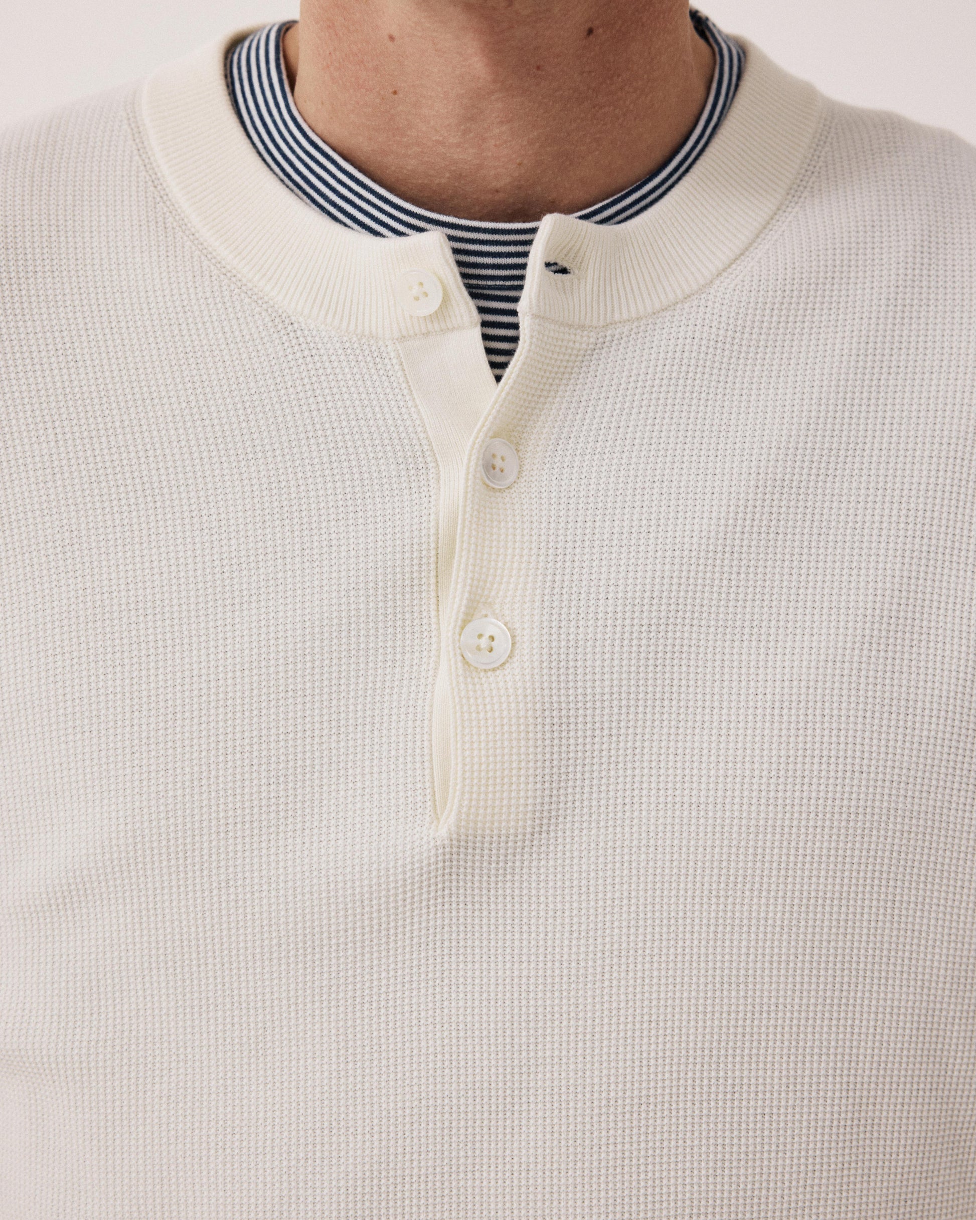 Men's Cream Piqué Cotton Henley Sweater BFQ8315-01